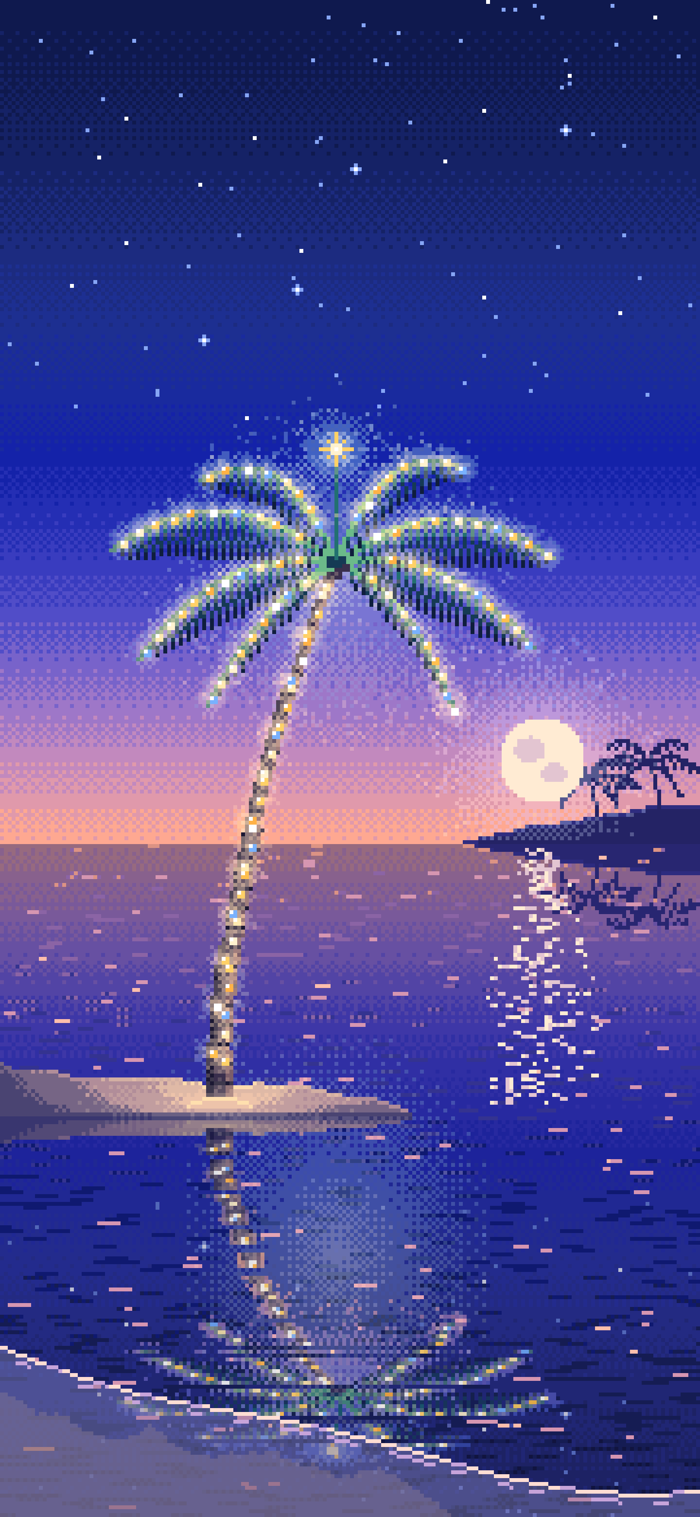 Royal Blue Pixel Art Christmas Palm Tree on the Beach wallpaper for iPhone and Android