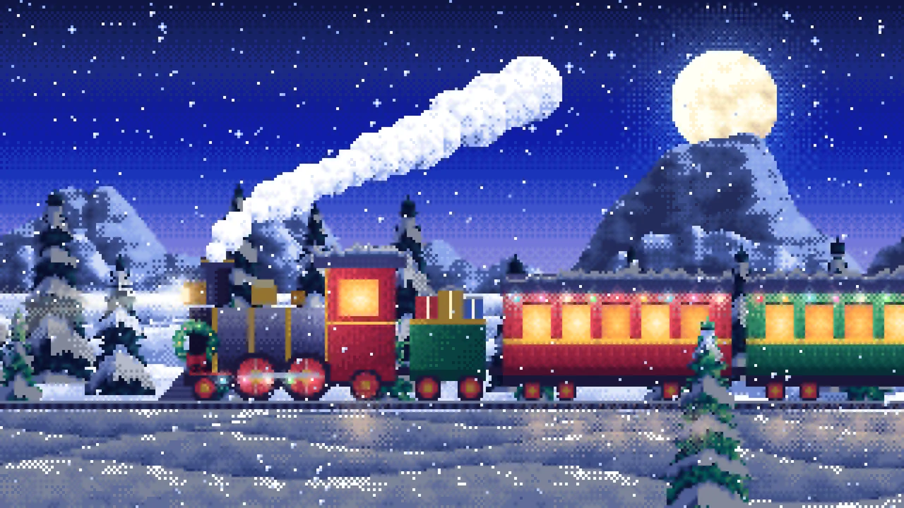 Royal Blue Pixel Art Christmas Train in the Snow desktop wallpaper in 4K