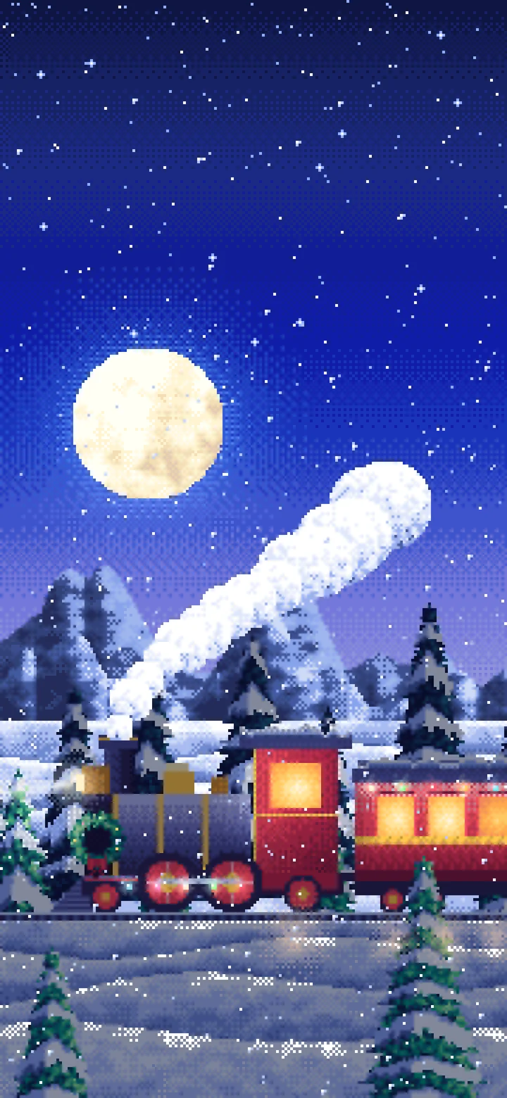 Royal Blue Pixel Art Christmas Train in the Snow wallpaper for iPhone and Android