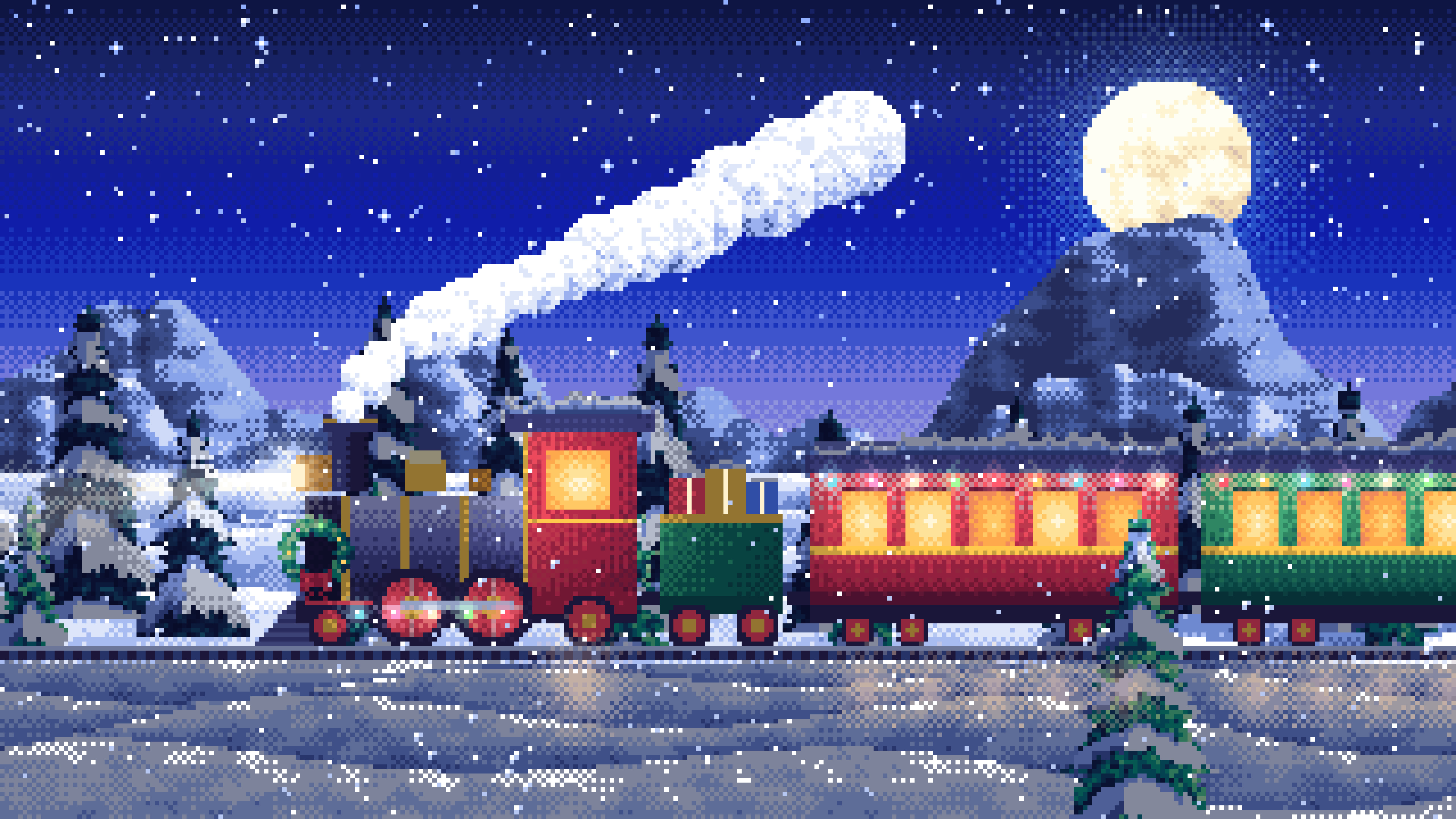 Royal Blue Pixel Art Christmas Train in the Snow desktop wallpaper in 4K