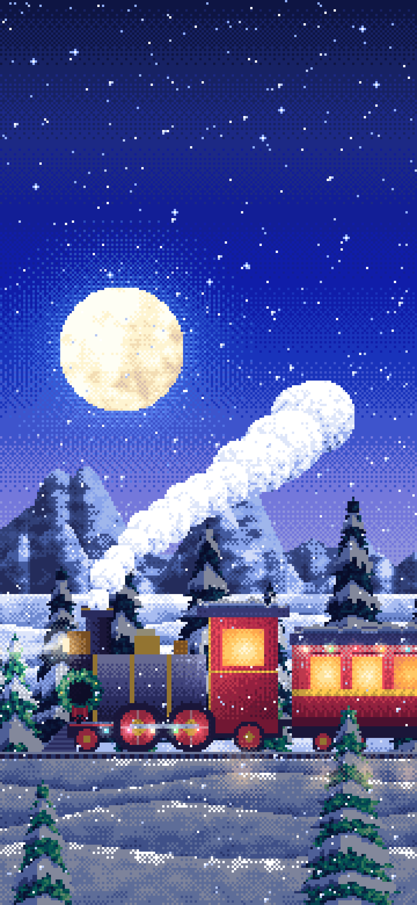 Royal Blue Pixel Art Christmas Train in the Snow wallpaper for iPhone and Android