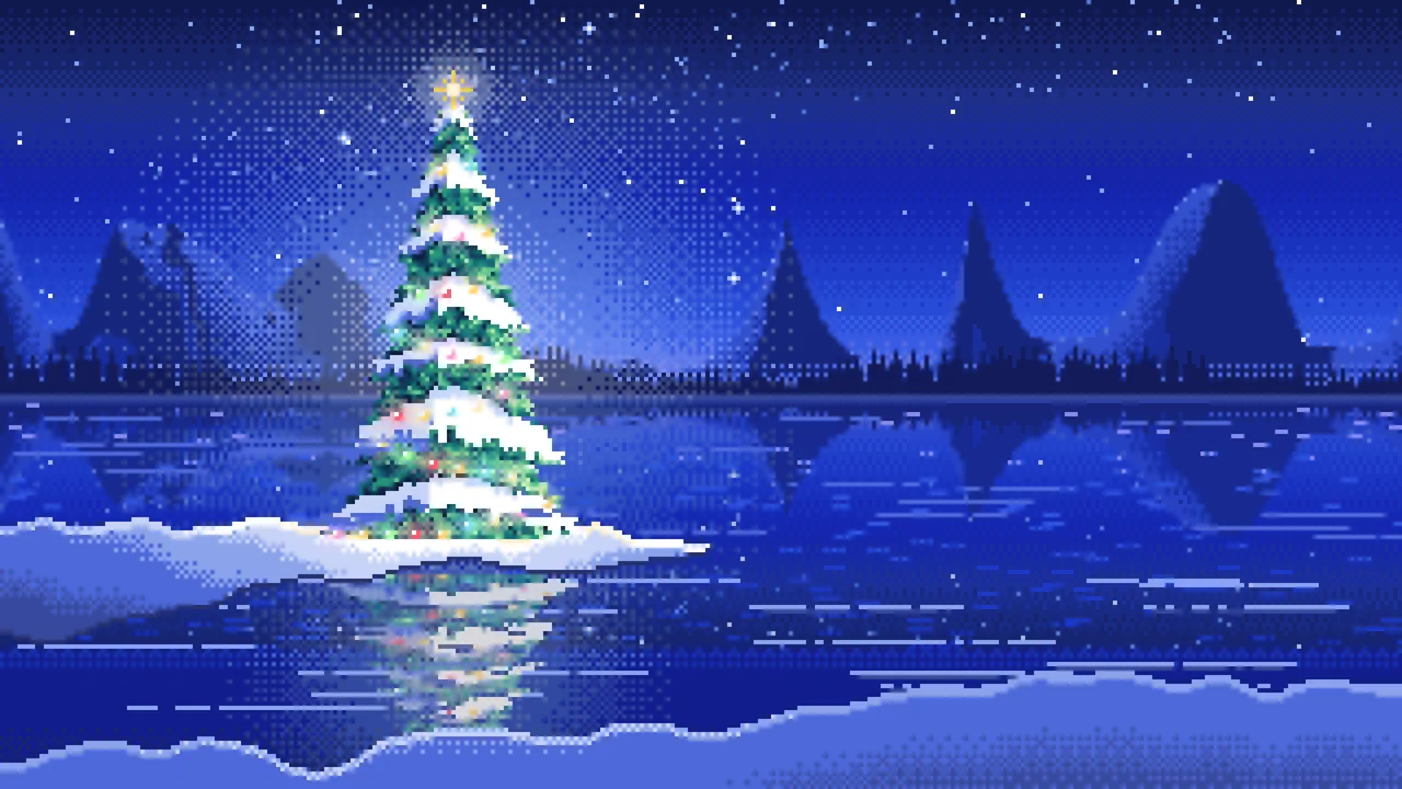Royal Blue Pixel Art Christmas Tree by a Frozen Lake desktop wallpaper in 4K