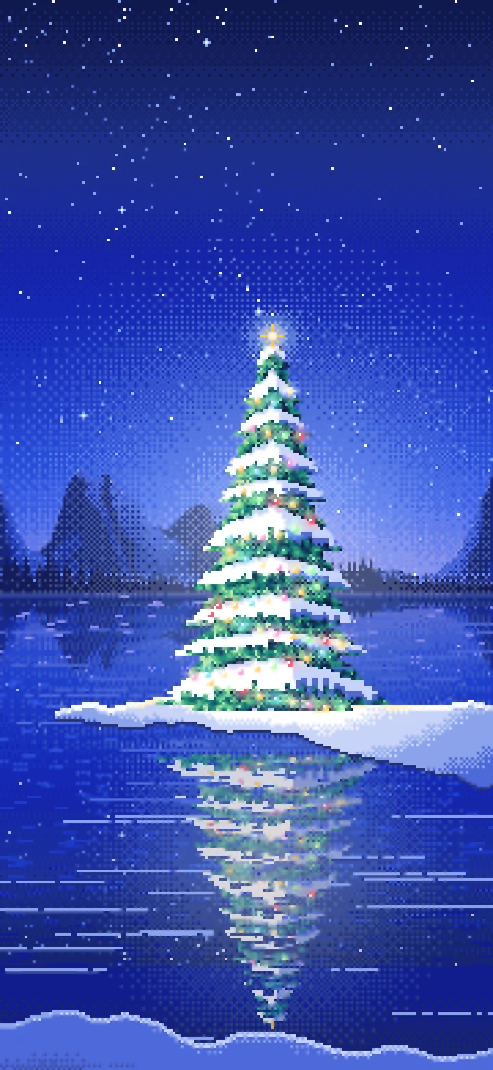 Royal Blue Pixel Art Christmas Tree by a Frozen Lake wallpaper for iPhone and Android