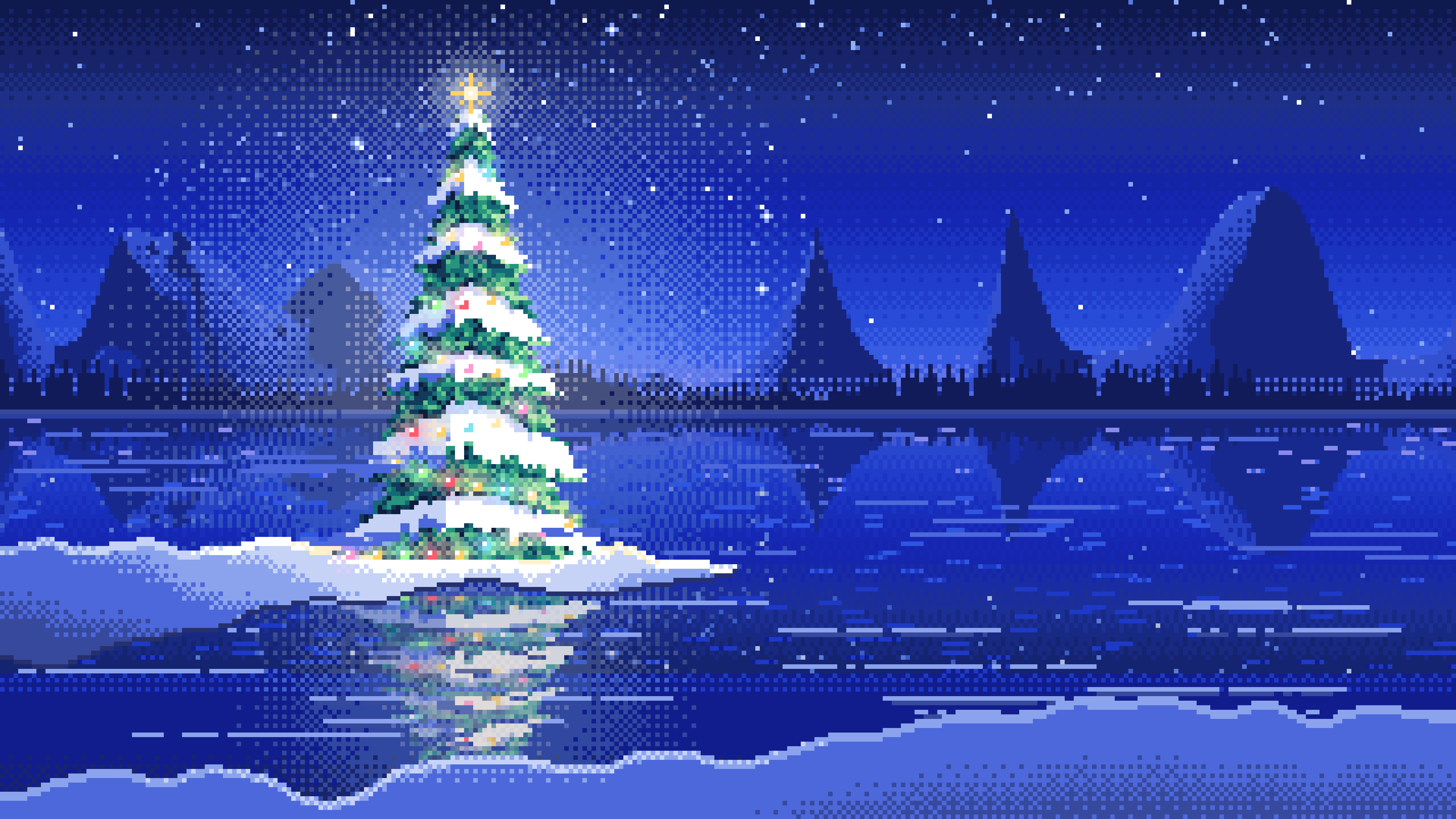 Royal Blue Pixel Art Christmas Tree by a Frozen Lake desktop wallpaper in 4K