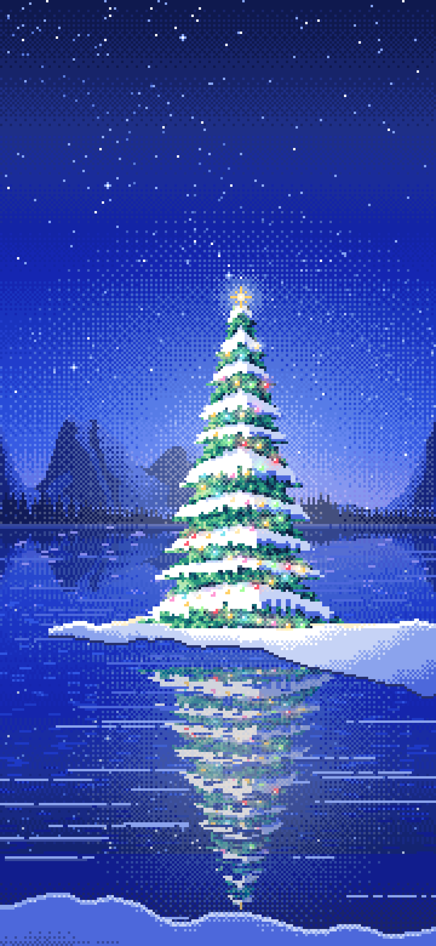 Royal Blue Pixel Art Christmas Tree by a Frozen Lake wallpaper for iPhone and Android