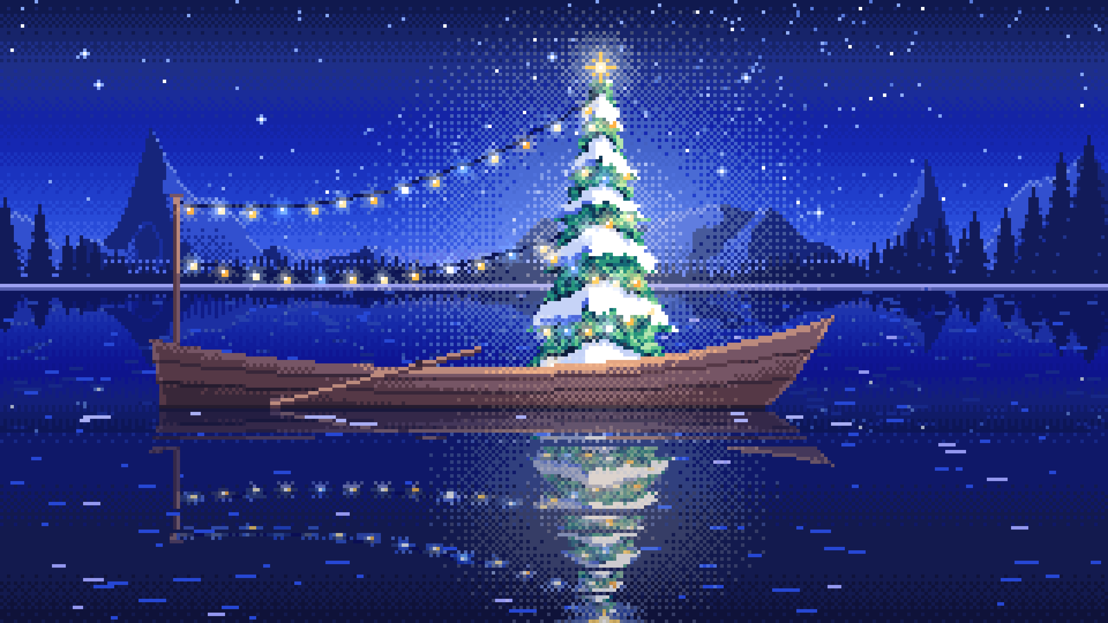 Royal Blue Pixel Art Christmas Tree in a Rowboat on a Lake desktop wallpaper in 4K