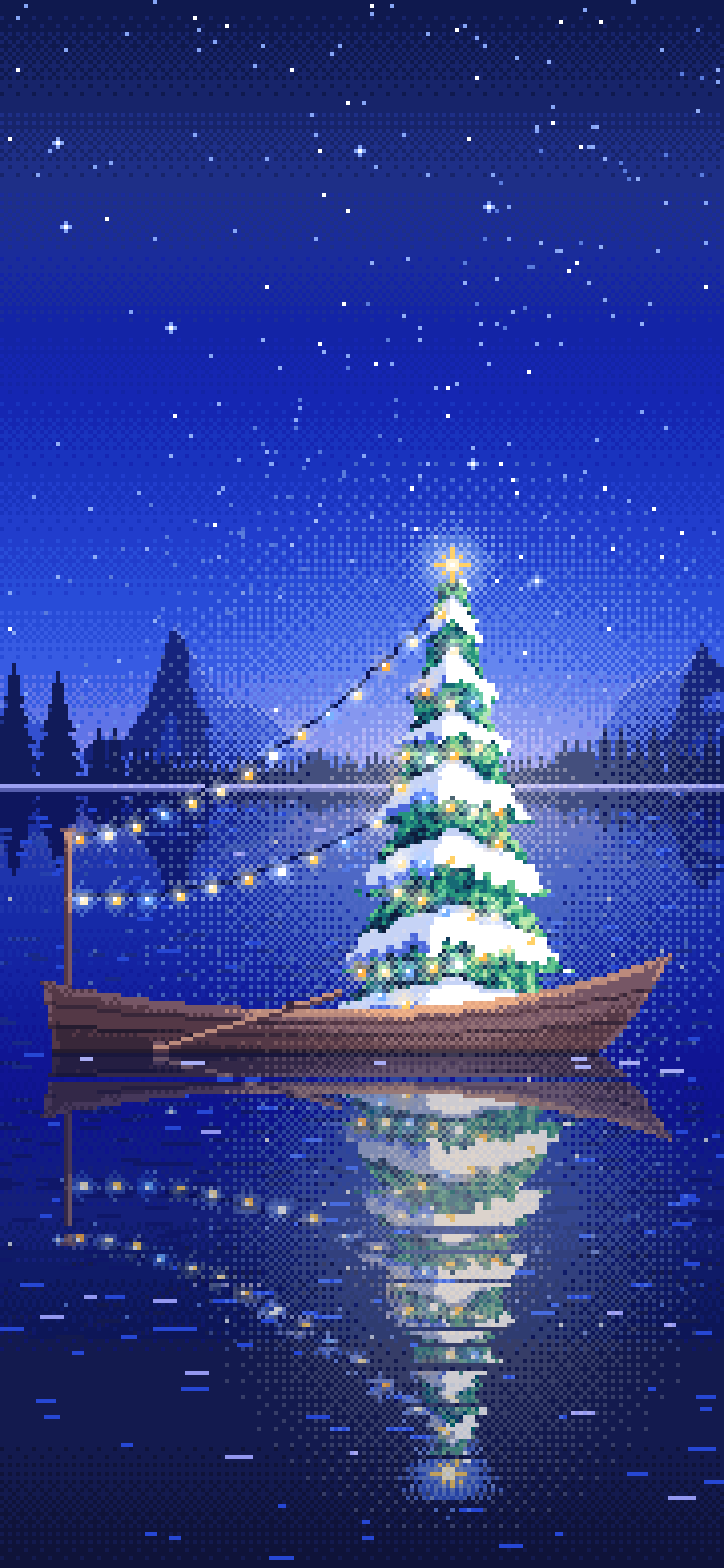 Royal Blue Pixel Art Christmas Tree in a Rowboat on a Lake wallpaper for iPhone and Android