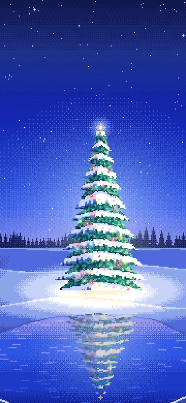 Royal Blue Pixel Art Christmas Tree in a Snowy Field wallpaper for iPhone and Android