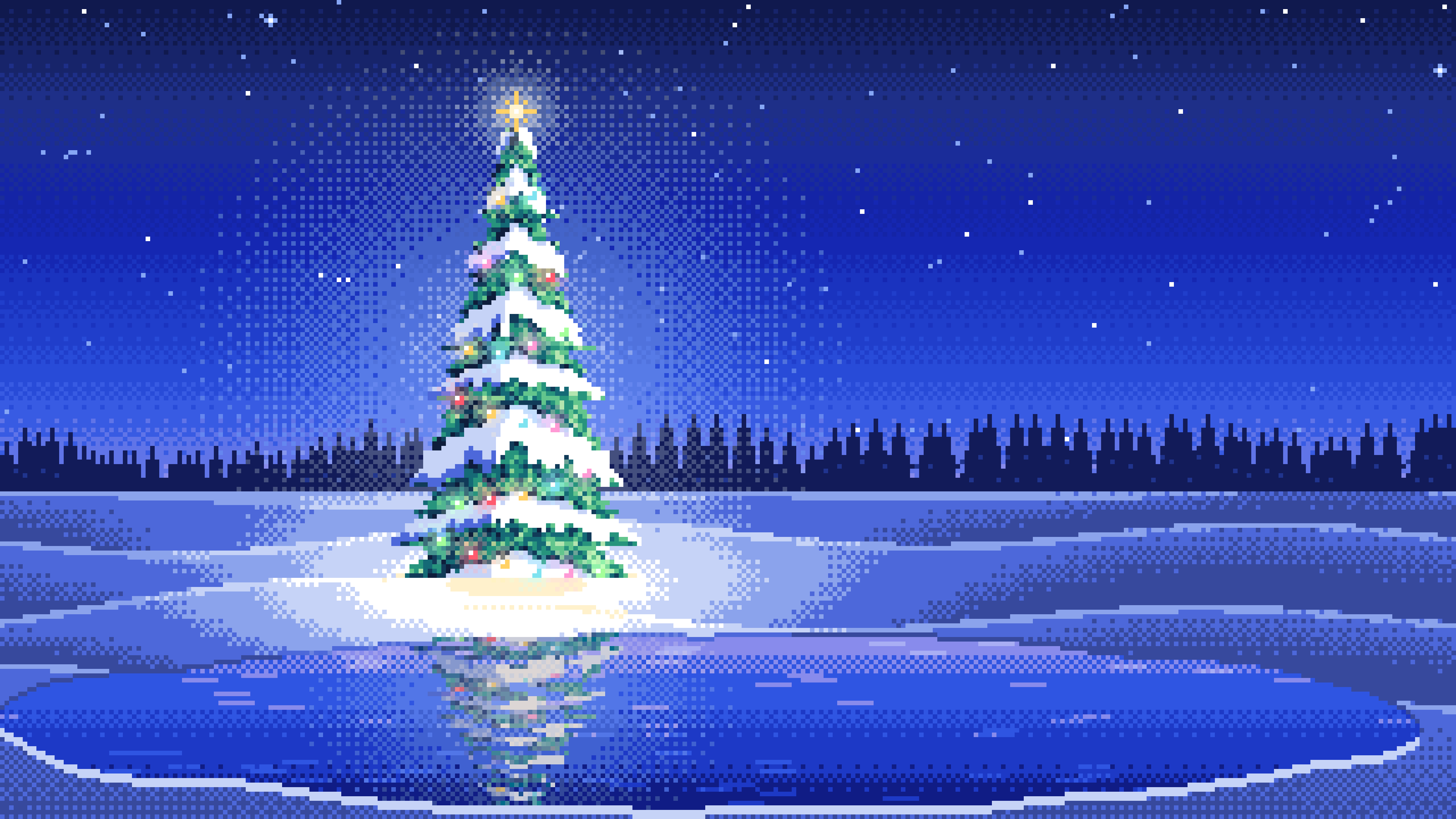 Royal Blue Pixel Art Christmas Tree in a Snowy Field desktop wallpaper in 4K