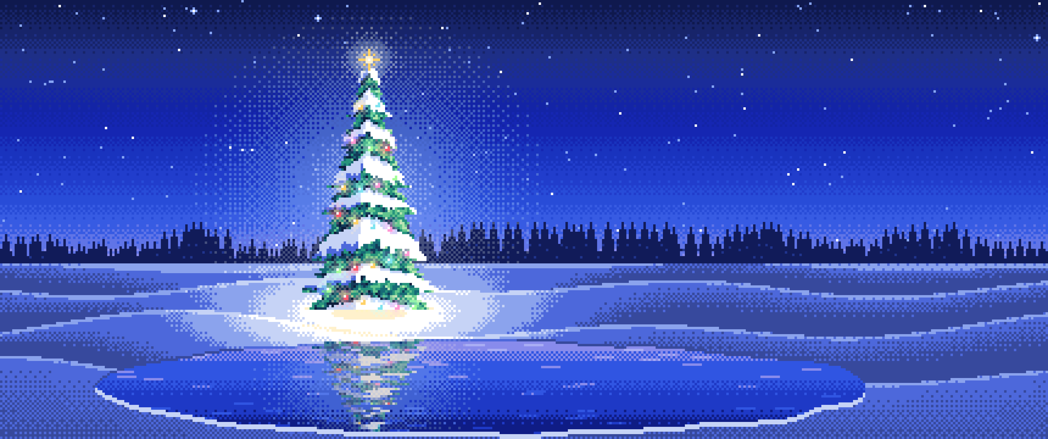Royal Blue Pixel Art Christmas Tree in a Snowy Field ultrawide wallpaper, 3440 × 1440