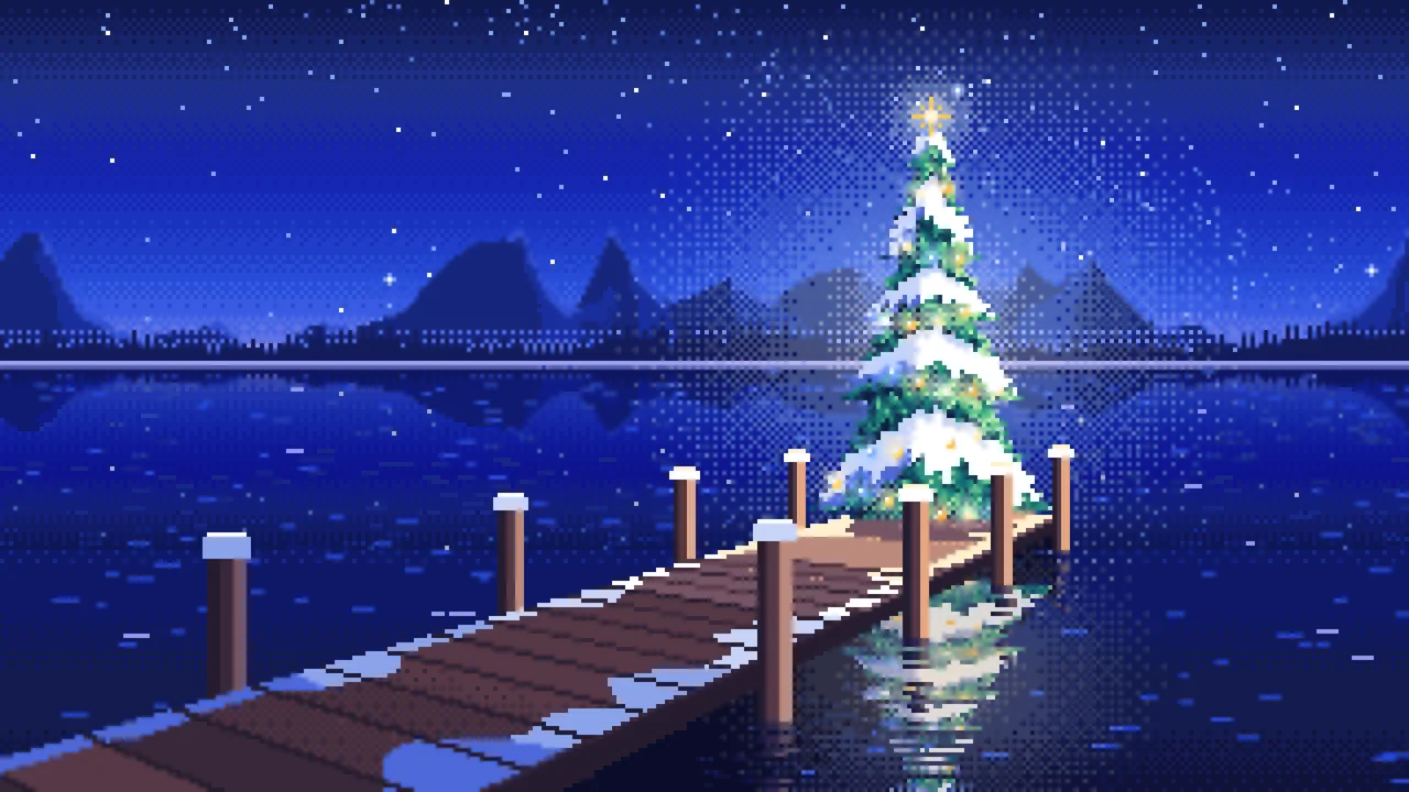 Royal Blue Pixel Art Christmas Tree on a Lake Jetty desktop wallpaper in 4K