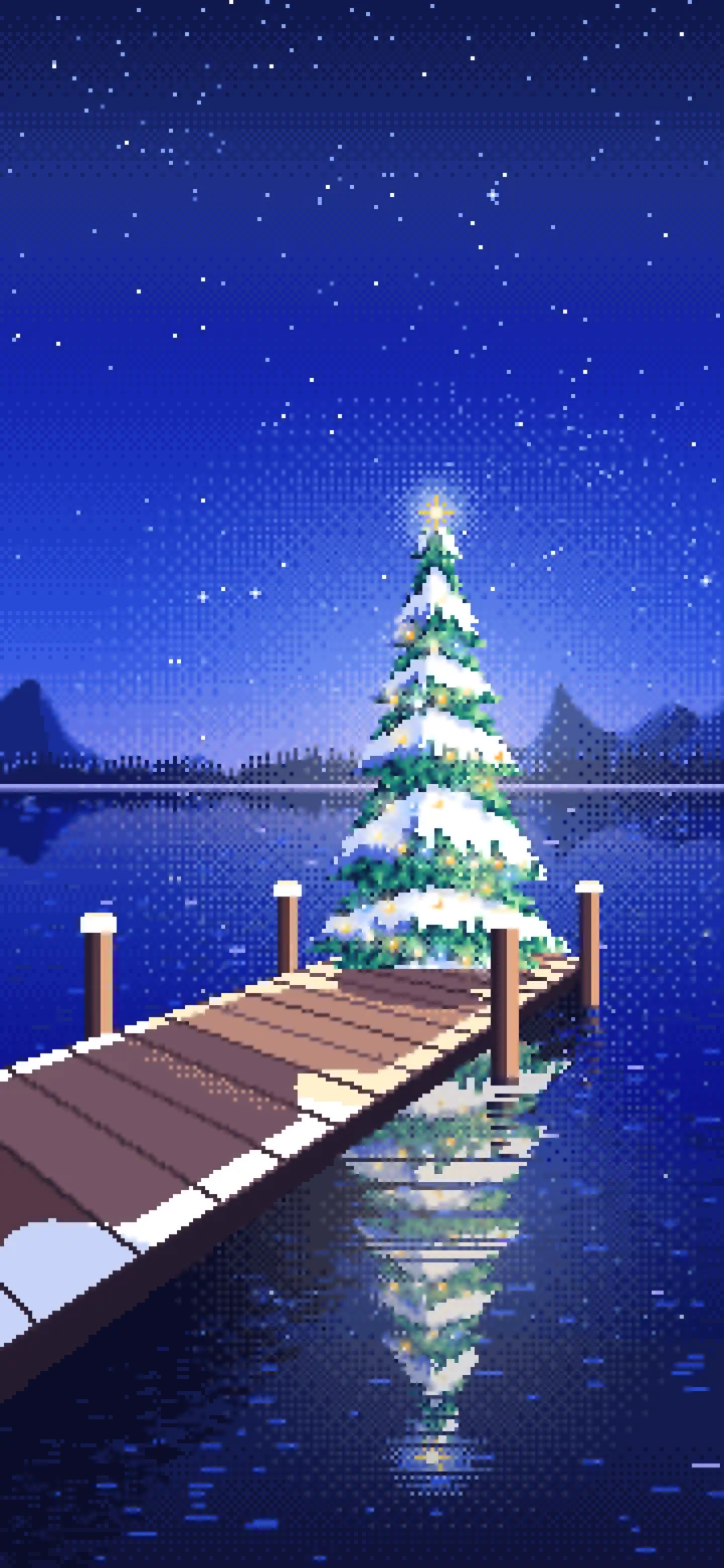Royal Blue Pixel Art Christmas Tree on a Lake Jetty wallpaper for iPhone and Android