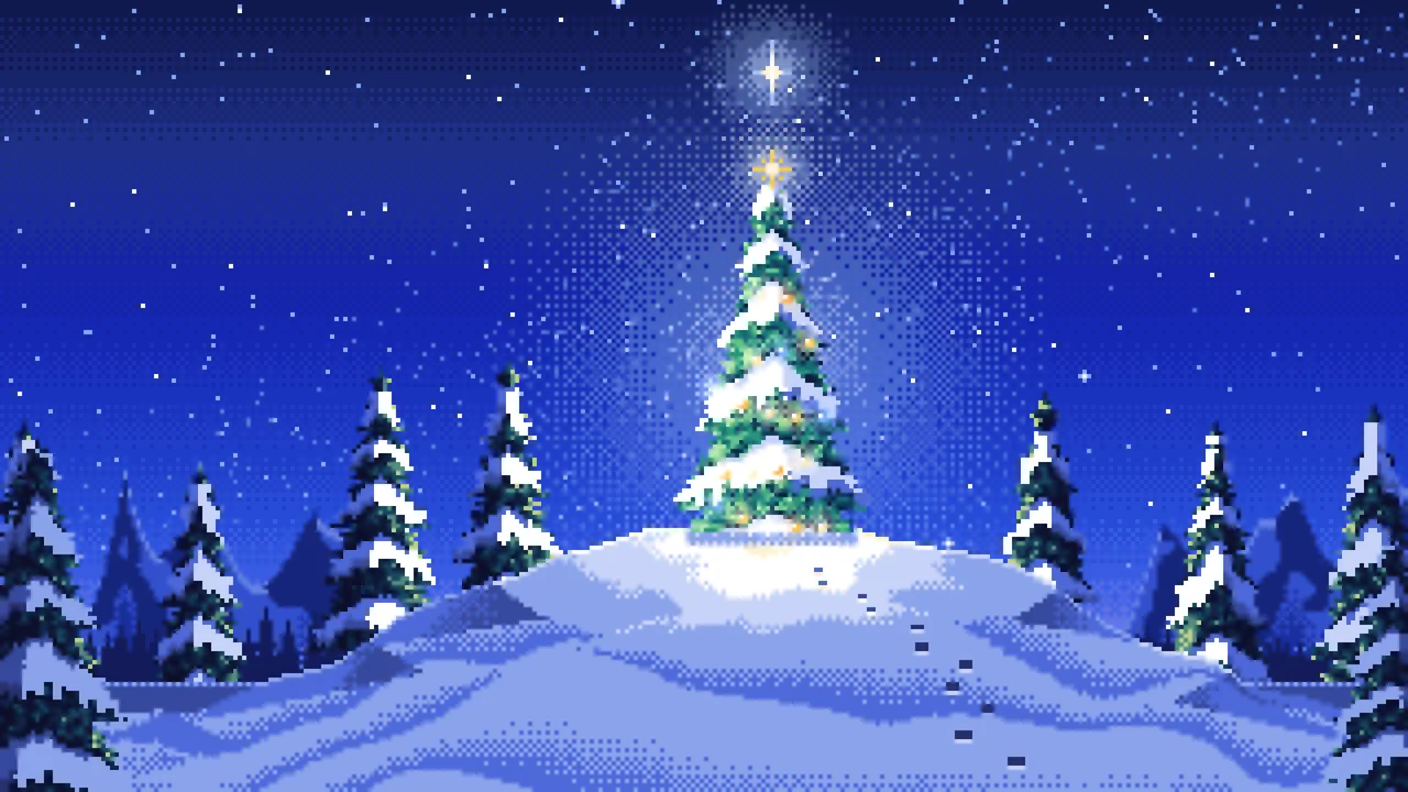 Royal Blue Pixel Art Christmas Tree on a Snowy Hilltop desktop wallpaper in 4K