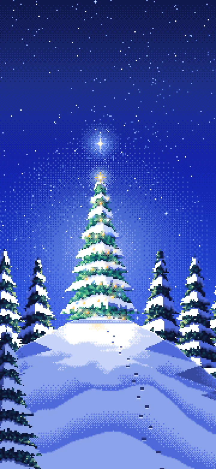 Royal Blue Pixel Art Christmas Tree on a Snowy Hilltop wallpaper for iPhone and Android