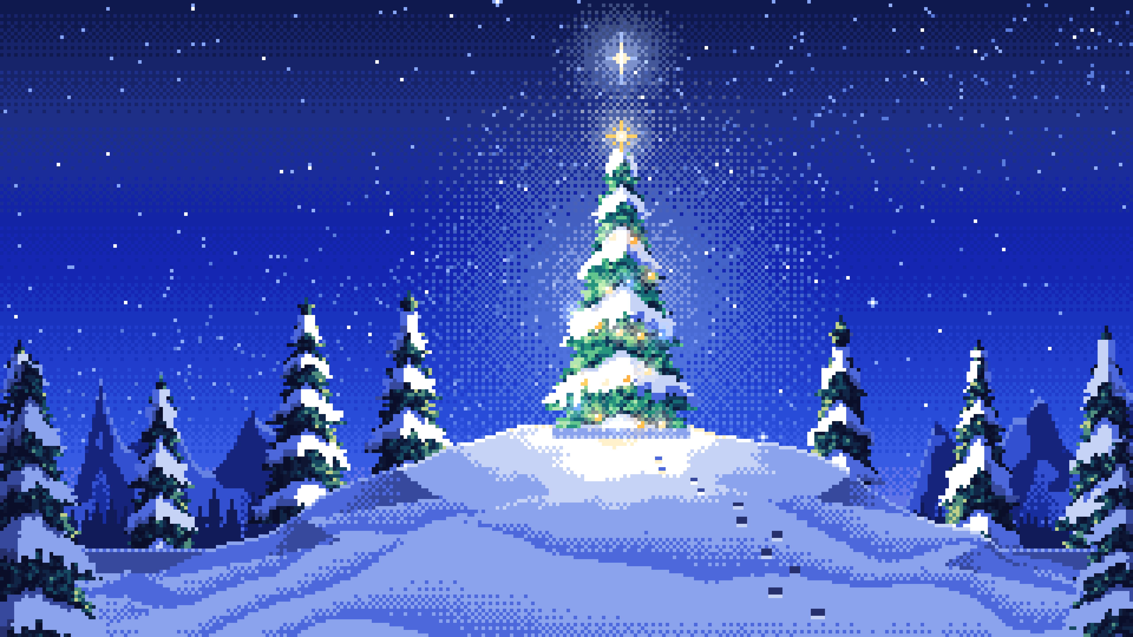 Royal Blue Pixel Art Christmas Tree on a Snowy Hilltop desktop wallpaper in 4K