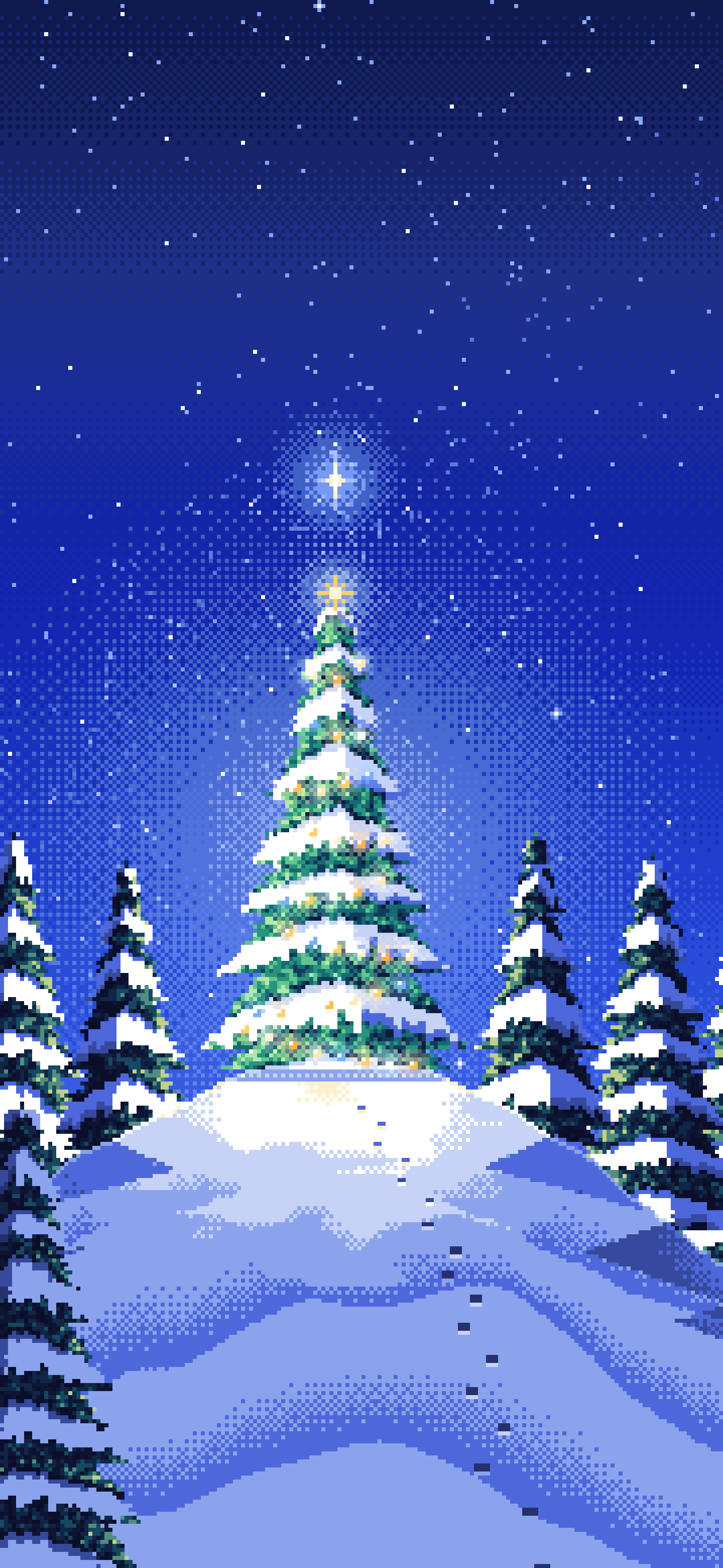 Royal Blue Pixel Art Christmas Tree on a Snowy Hilltop wallpaper for iPhone and Android