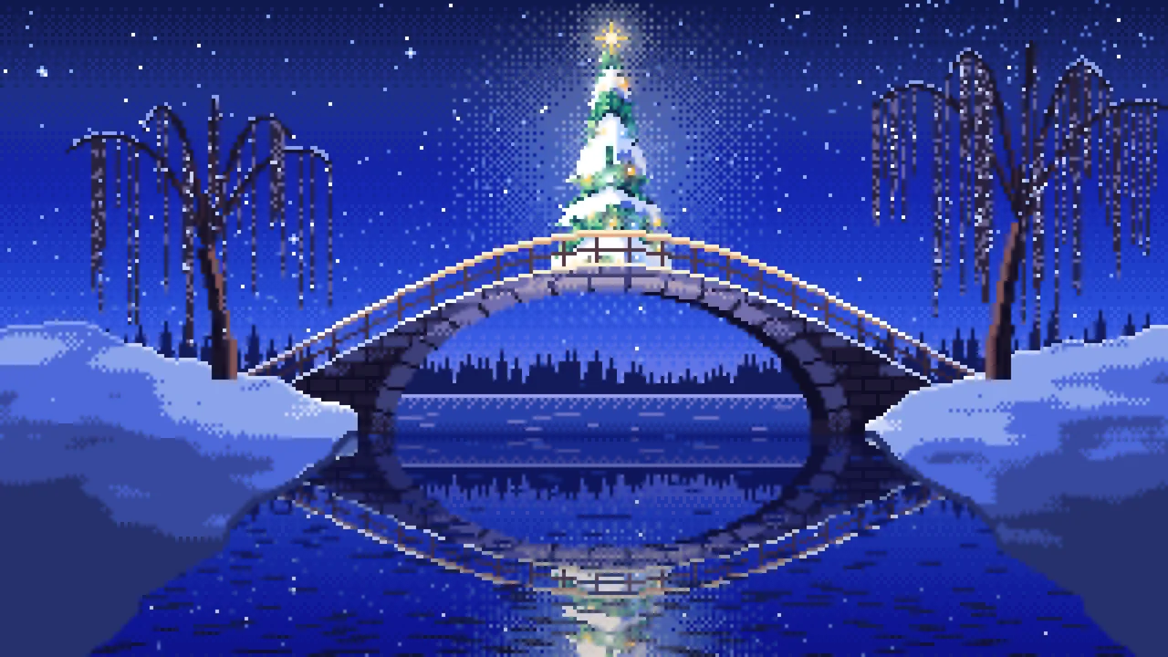 Royal Blue Pixel Art Christmas Tree on a Stone Footbridge desktop wallpaper in 4K