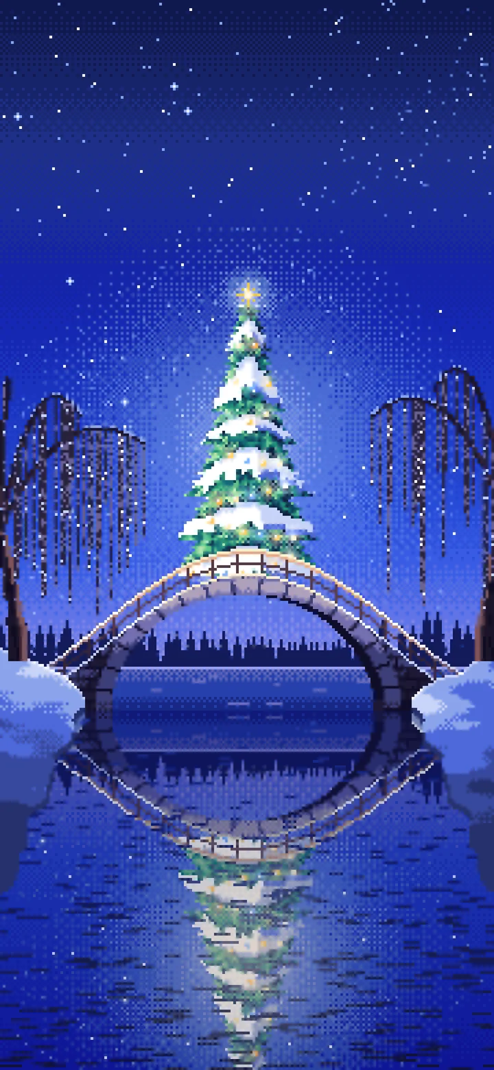Royal Blue Pixel Art Christmas Tree on a Stone Footbridge wallpaper for iPhone and Android