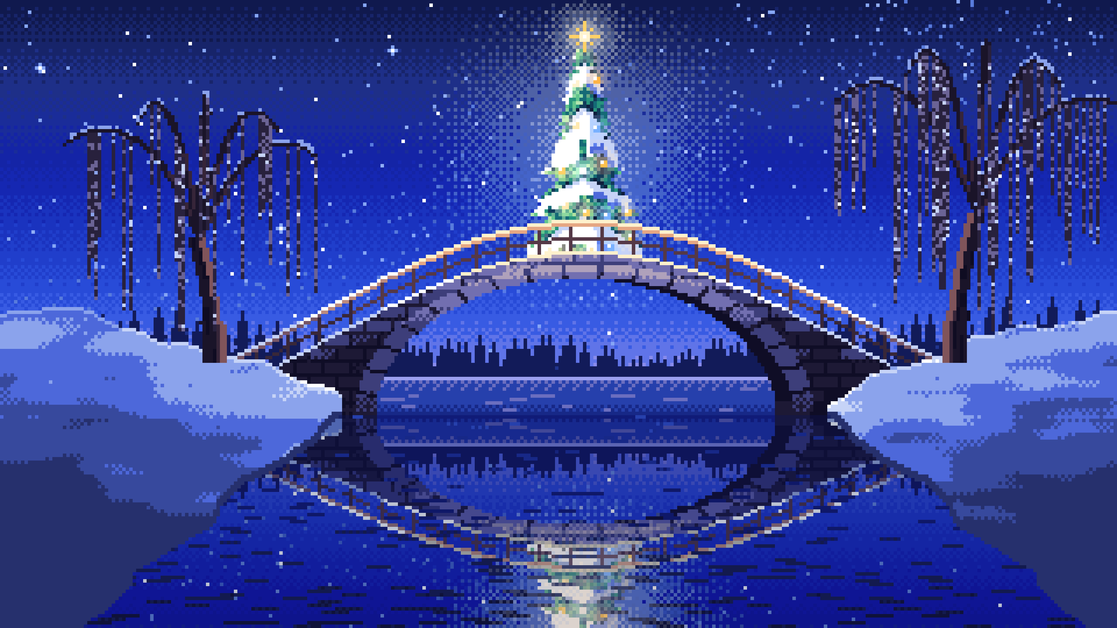 Royal Blue Pixel Art Christmas Tree on a Stone Footbridge desktop wallpaper in 4K