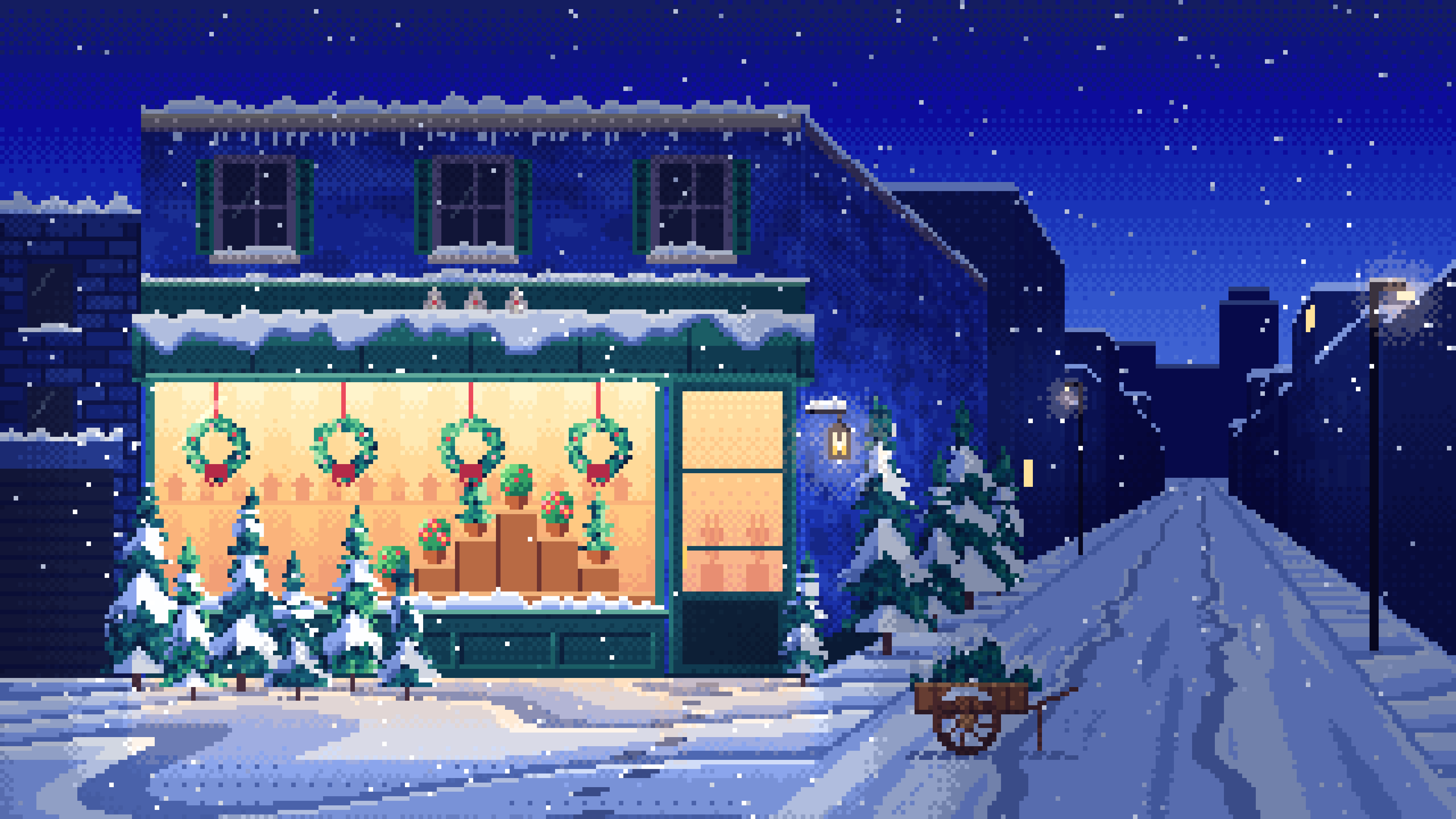 Royal Blue Pixel Art Christmas Tree Shop desktop wallpaper in 4K