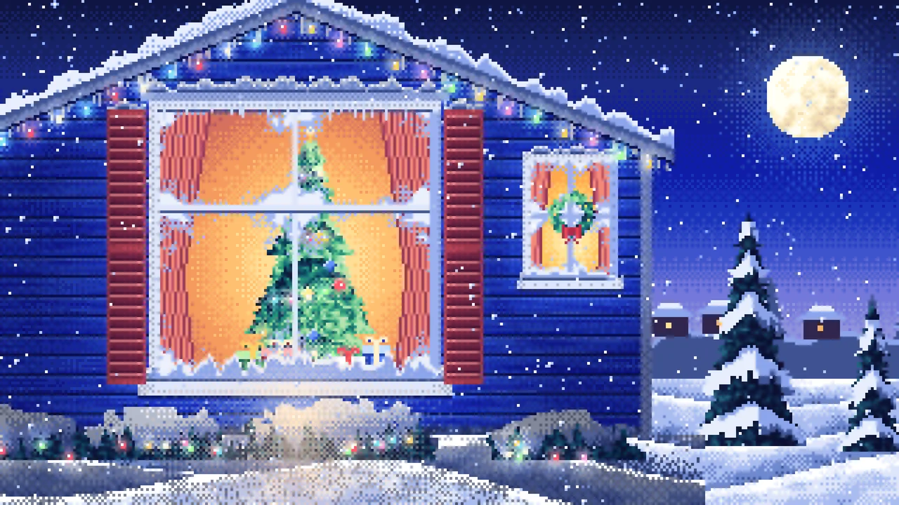 Royal Blue Pixel Art Christmas Tree Through a Frosted Window desktop wallpaper in 4K