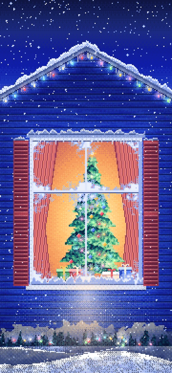 Royal Blue Pixel Art Christmas Tree Through a Frosted Window wallpaper for iPhone and Android