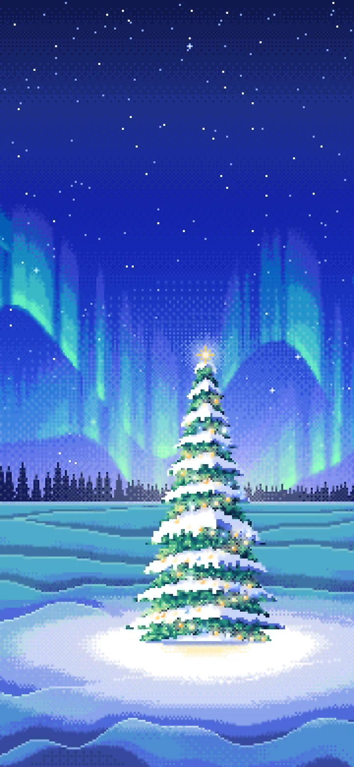 Royal Blue Pixel Art Christmas Tree Under the Northern Lights wallpaper for iPhone and Android