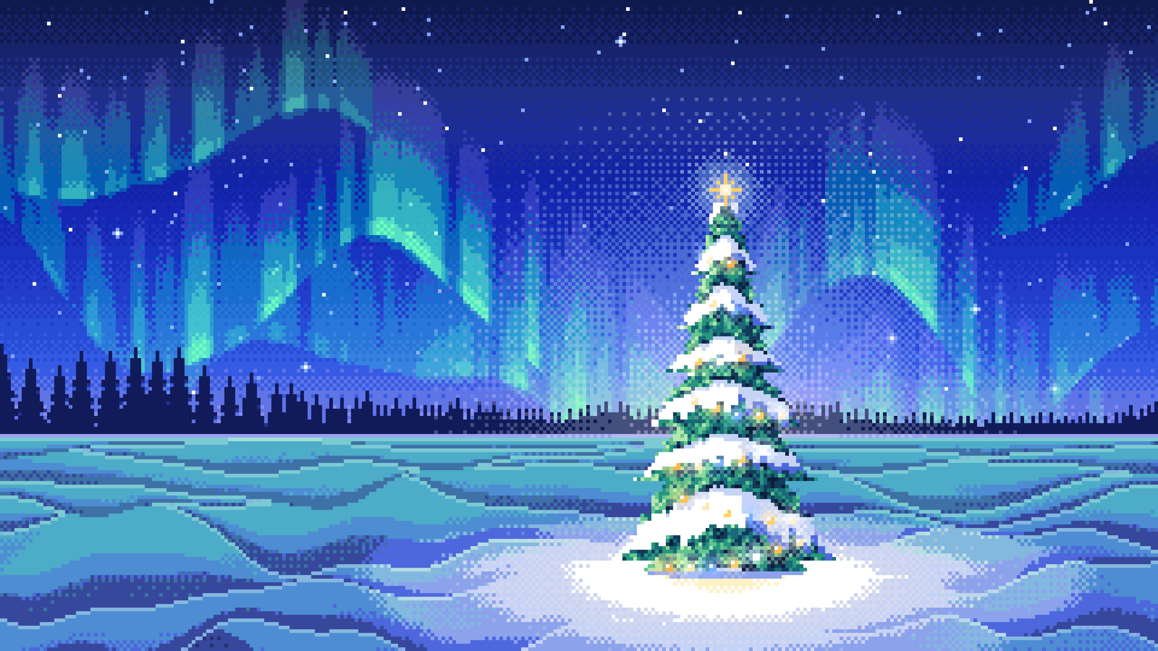 Royal Blue Pixel Art Christmas Tree Under the Northern Lights desktop wallpaper in 4K