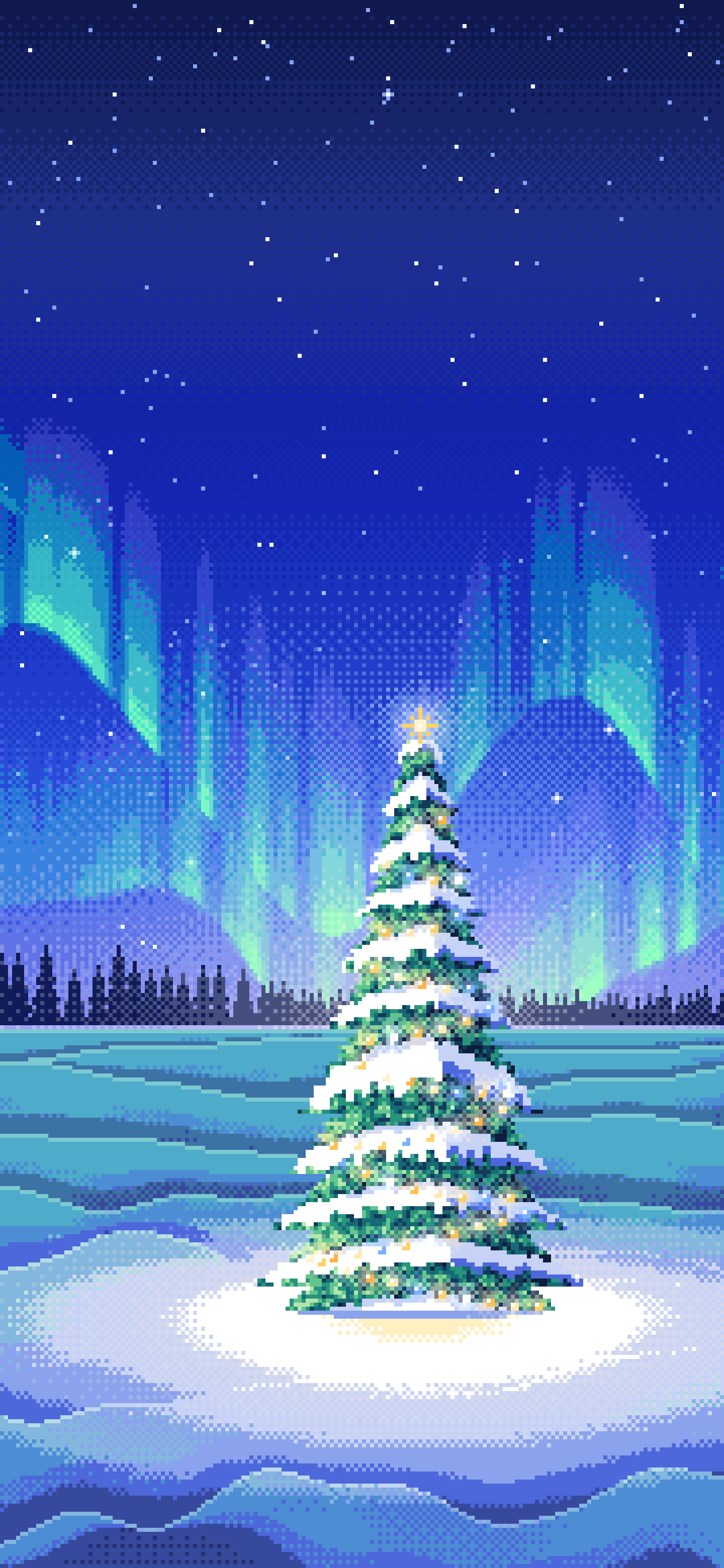 Royal Blue Pixel Art Christmas Tree Under the Northern Lights wallpaper for iPhone and Android