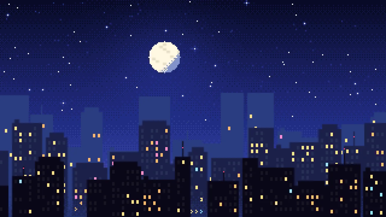 Royal Blue Pixel Art City desktop wallpaper in 4K