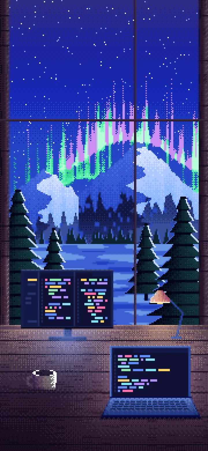 Royal Blue Pixel Art Coding Desk in a Snowy Cabin wallpaper for iPhone and Android