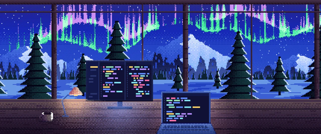 Royal Blue Pixel Art Coding Desk in a Snowy Cabin ultrawide wallpaper, 3440 × 1440