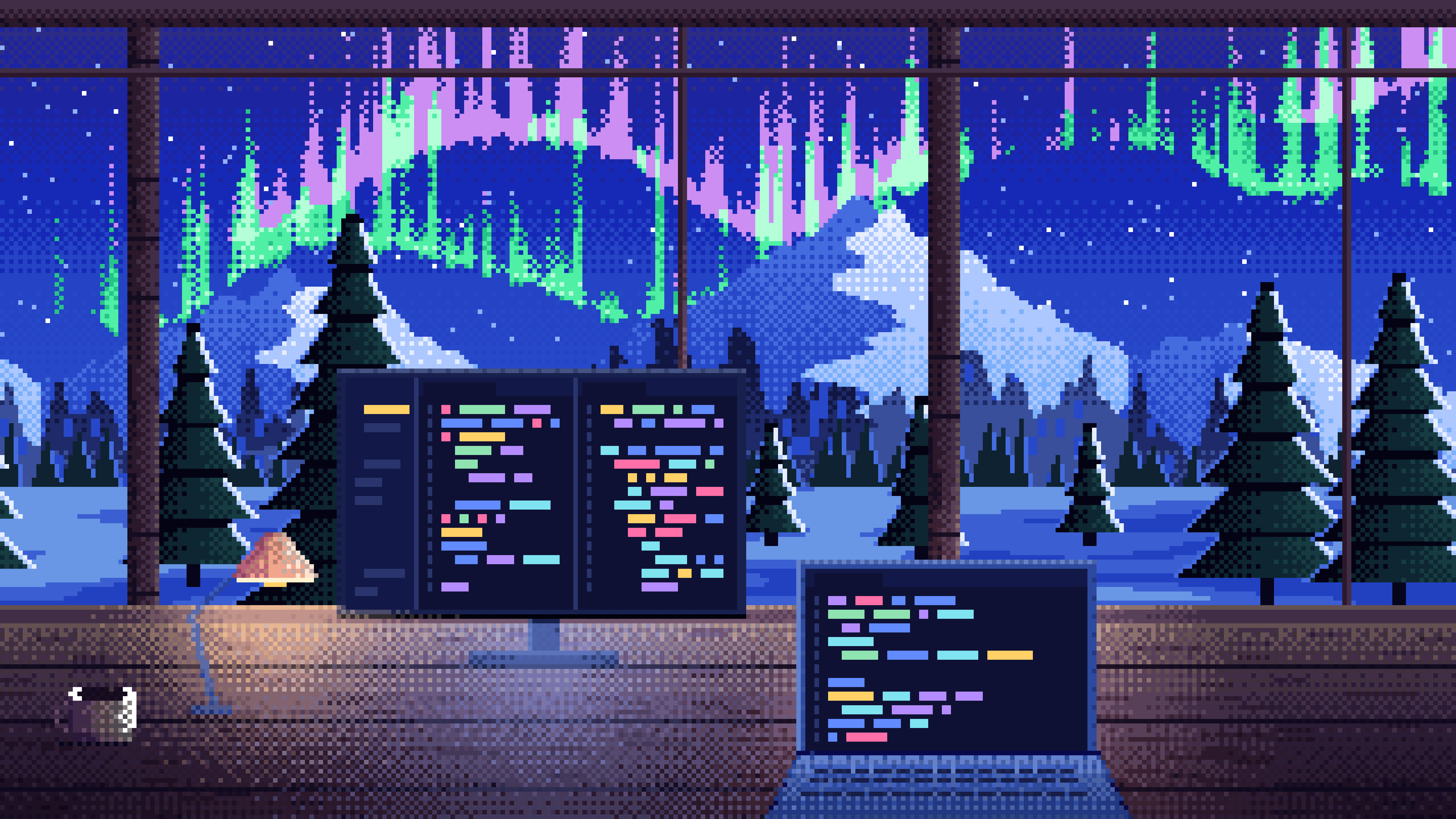 Royal Blue Pixel Art Coding Desk in a Snowy Cabin desktop wallpaper in 4K