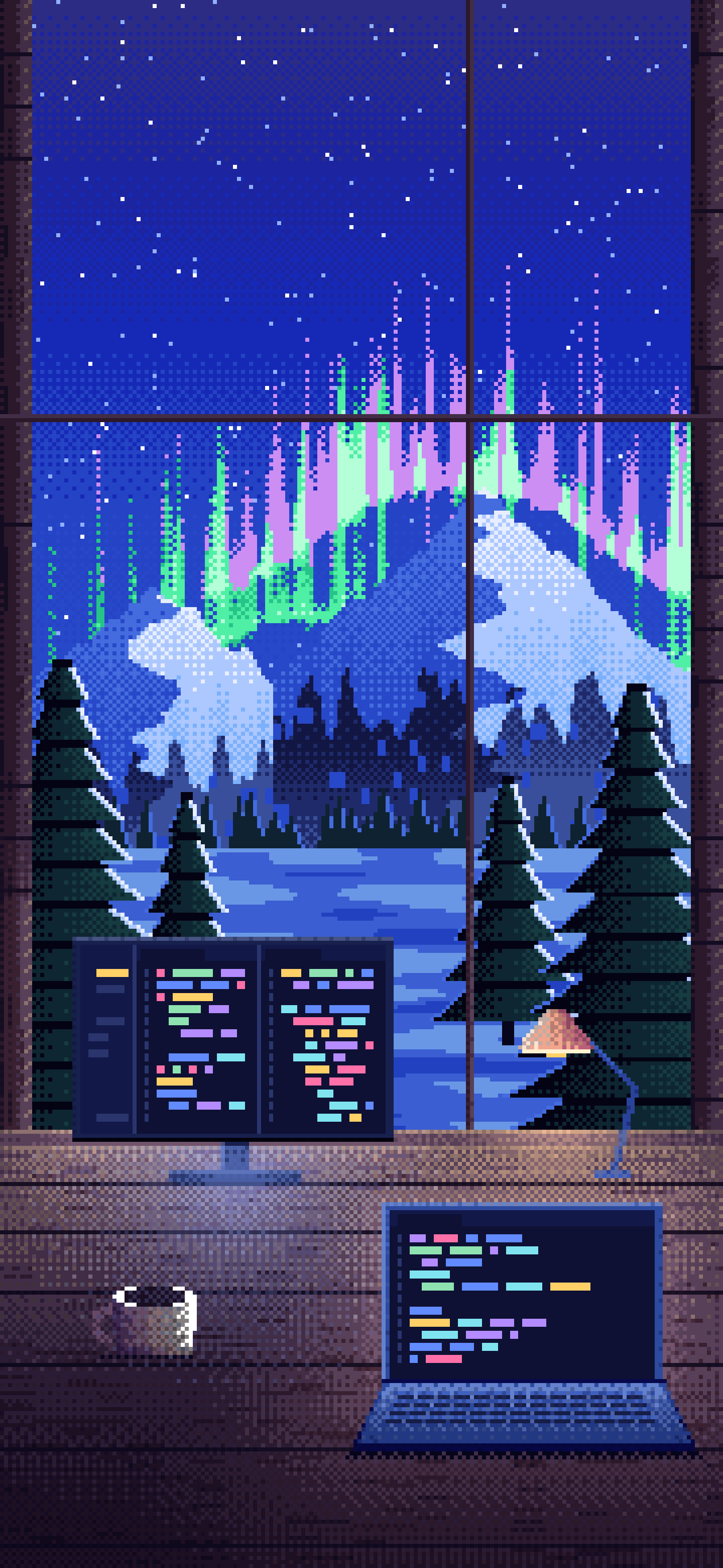 Royal Blue Pixel Art Coding Desk in a Snowy Cabin wallpaper for iPhone and Android