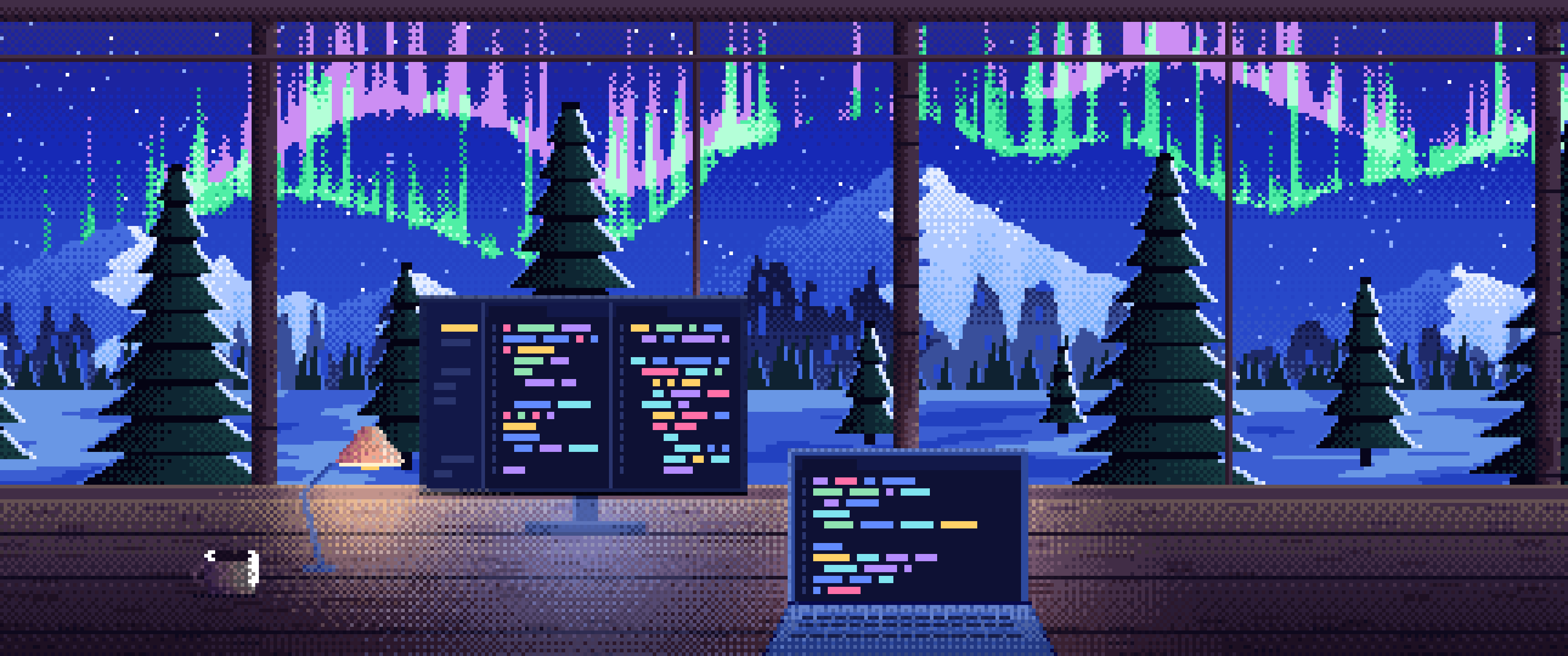 Royal Blue Pixel Art Coding Desk in a Snowy Cabin ultrawide wallpaper, 3440 × 1440