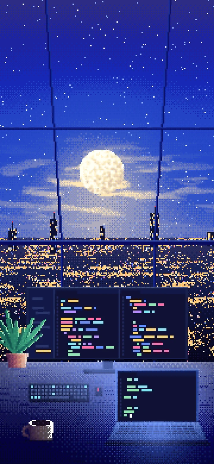 Royal Blue Pixel Art Coding Desk Under a Skylight wallpaper for iPhone and Android