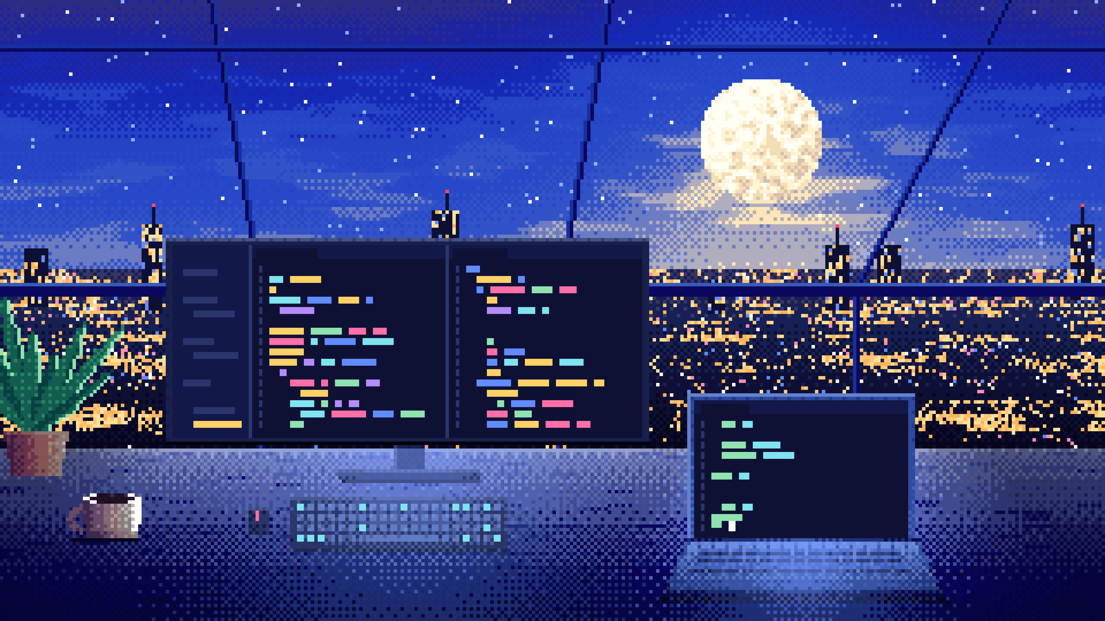 Royal Blue Pixel Art Coding Desk Under a Skylight desktop wallpaper in 4K