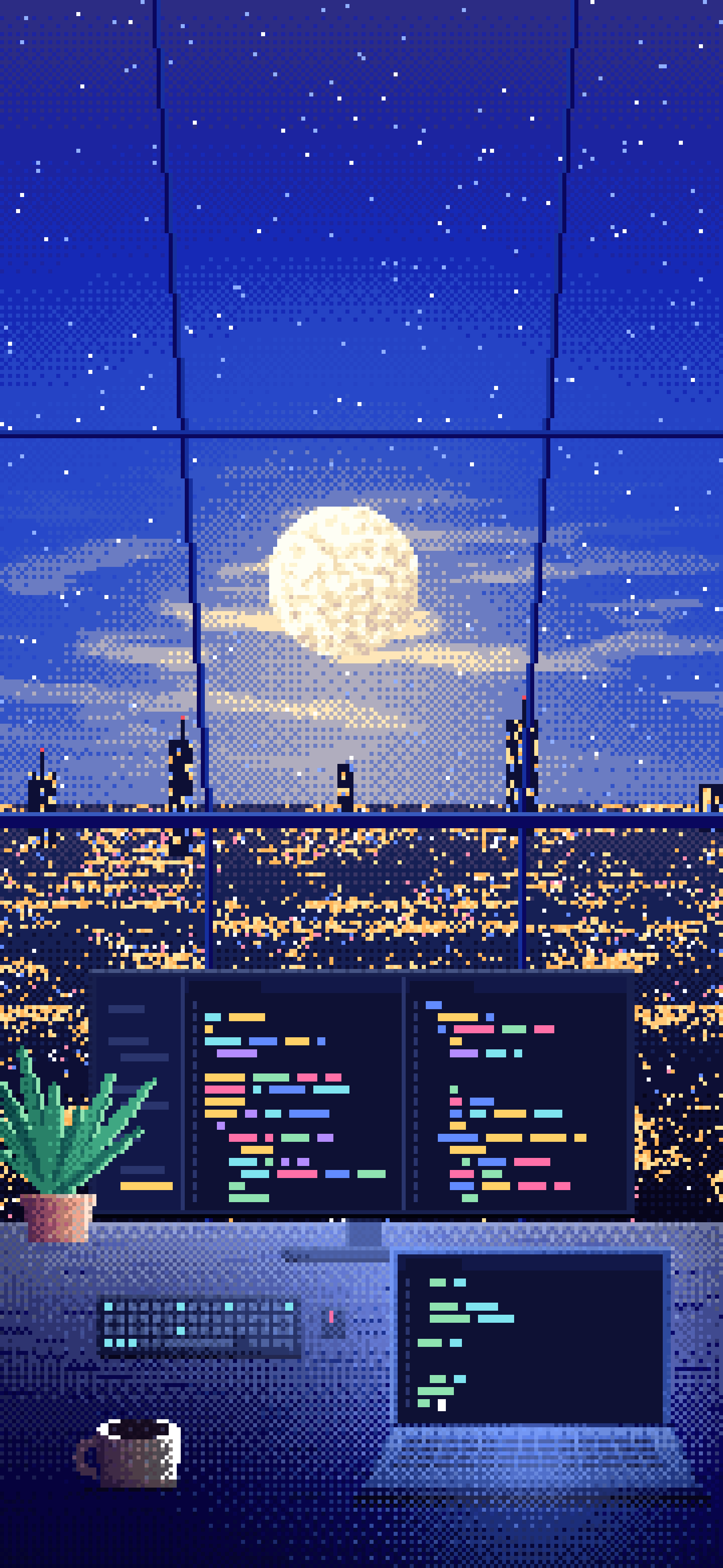 Royal Blue Pixel Art Coding Desk Under a Skylight wallpaper for iPhone and Android