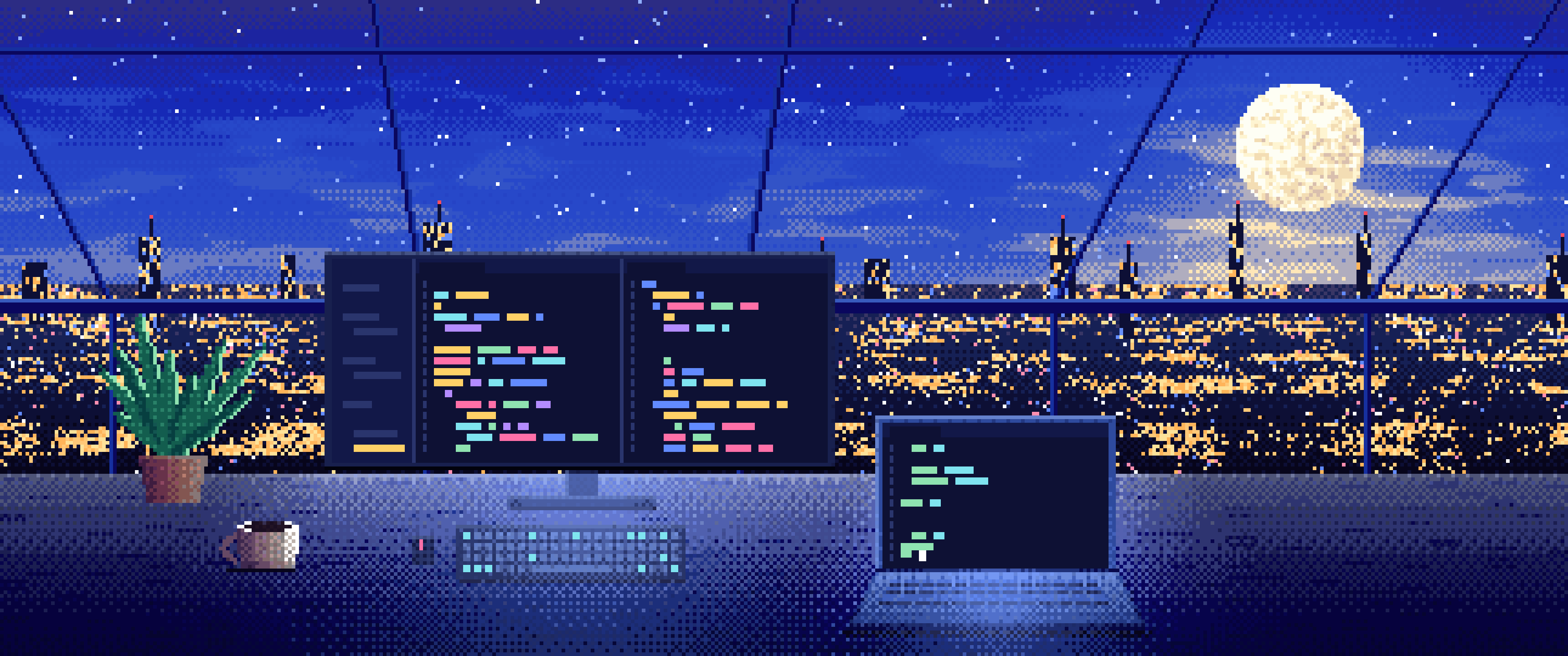 Royal Blue Pixel Art Coding Desk Under a Skylight ultrawide wallpaper, 3440 × 1440