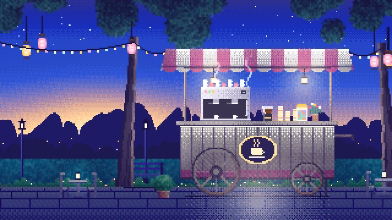 Royal Blue Pixel Art Coffee Cart at Dusk desktop wallpaper in 4K