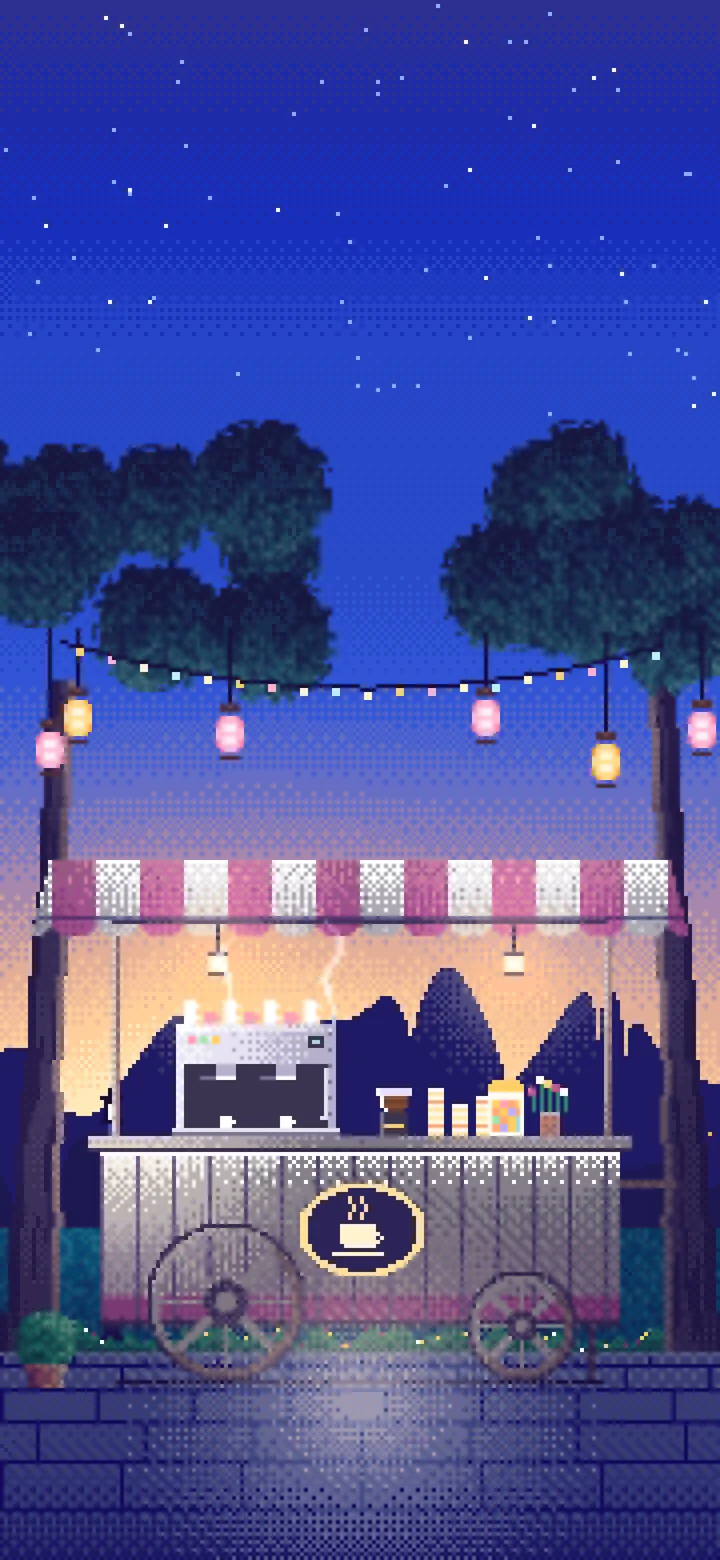 Royal Blue Pixel Art Coffee Cart at Dusk wallpaper for iPhone and Android