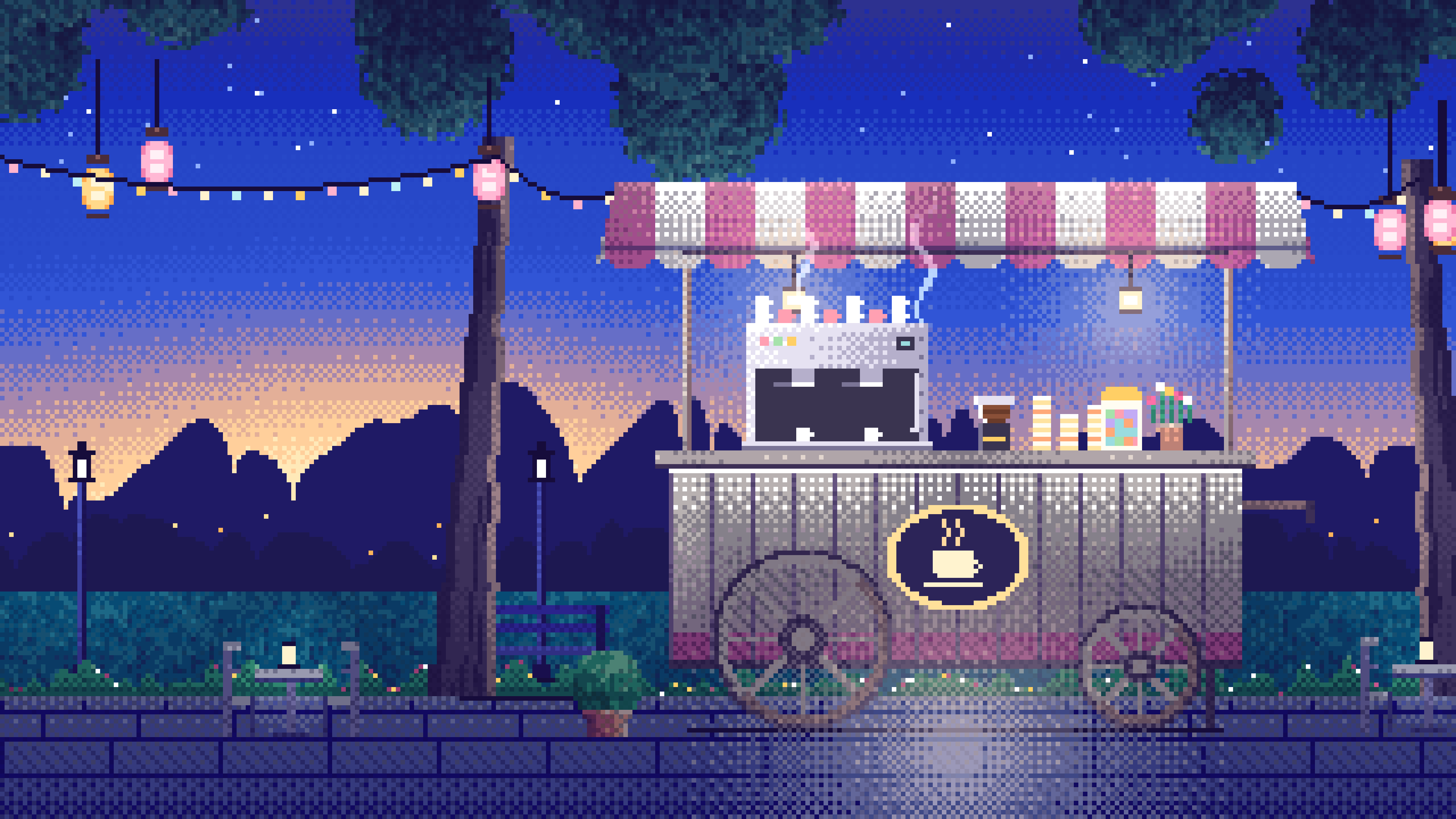 Royal Blue Pixel Art Coffee Cart at Dusk desktop wallpaper in 4K