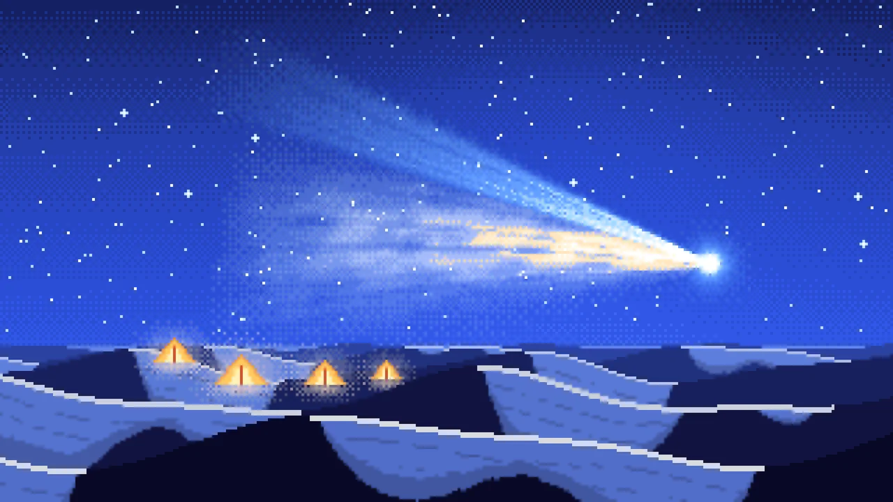 Royal Blue Pixel Art Comet Over the Desert desktop wallpaper in 4K