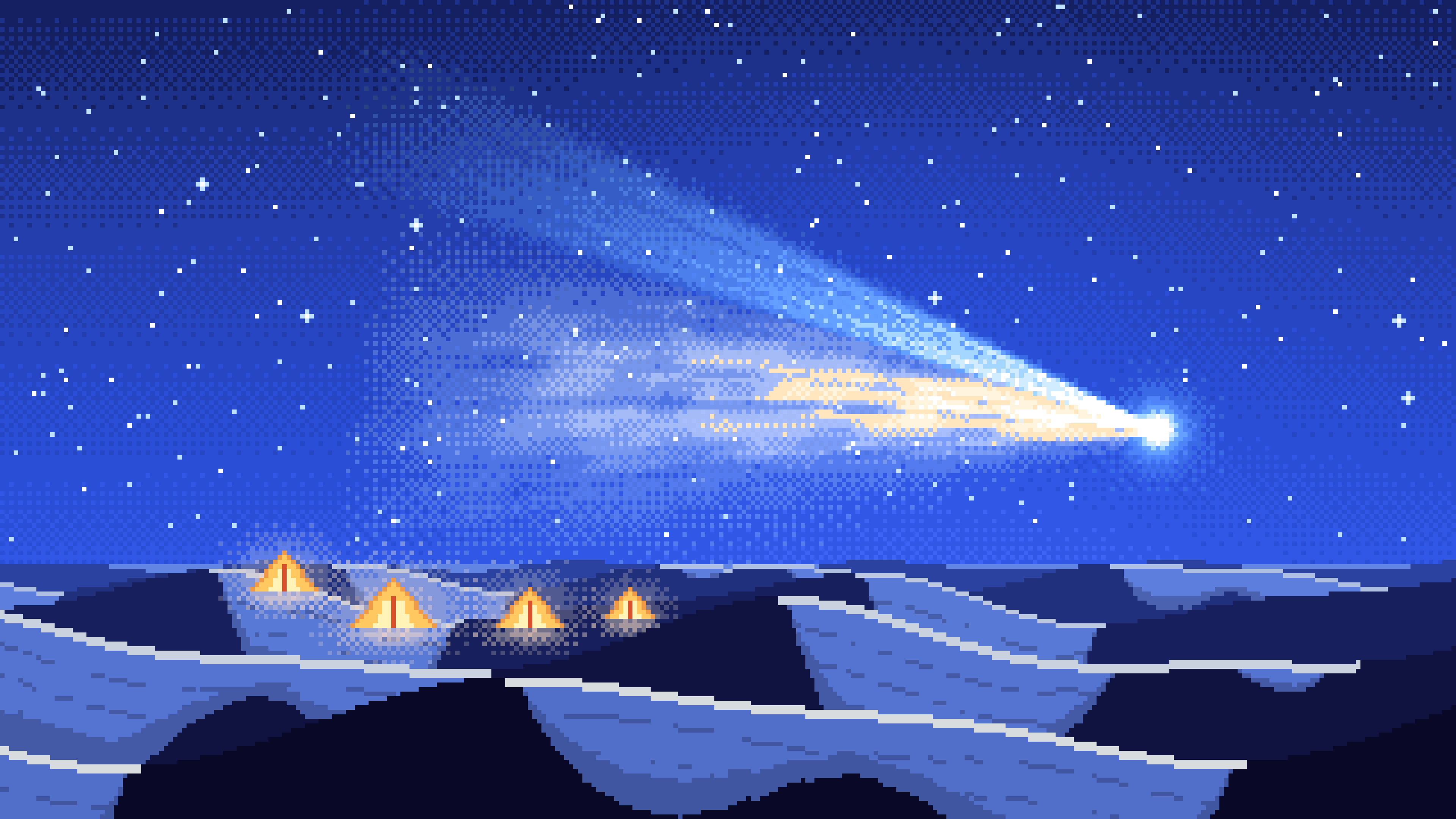 Royal Blue Pixel Art Comet Over the Desert desktop wallpaper in 4K