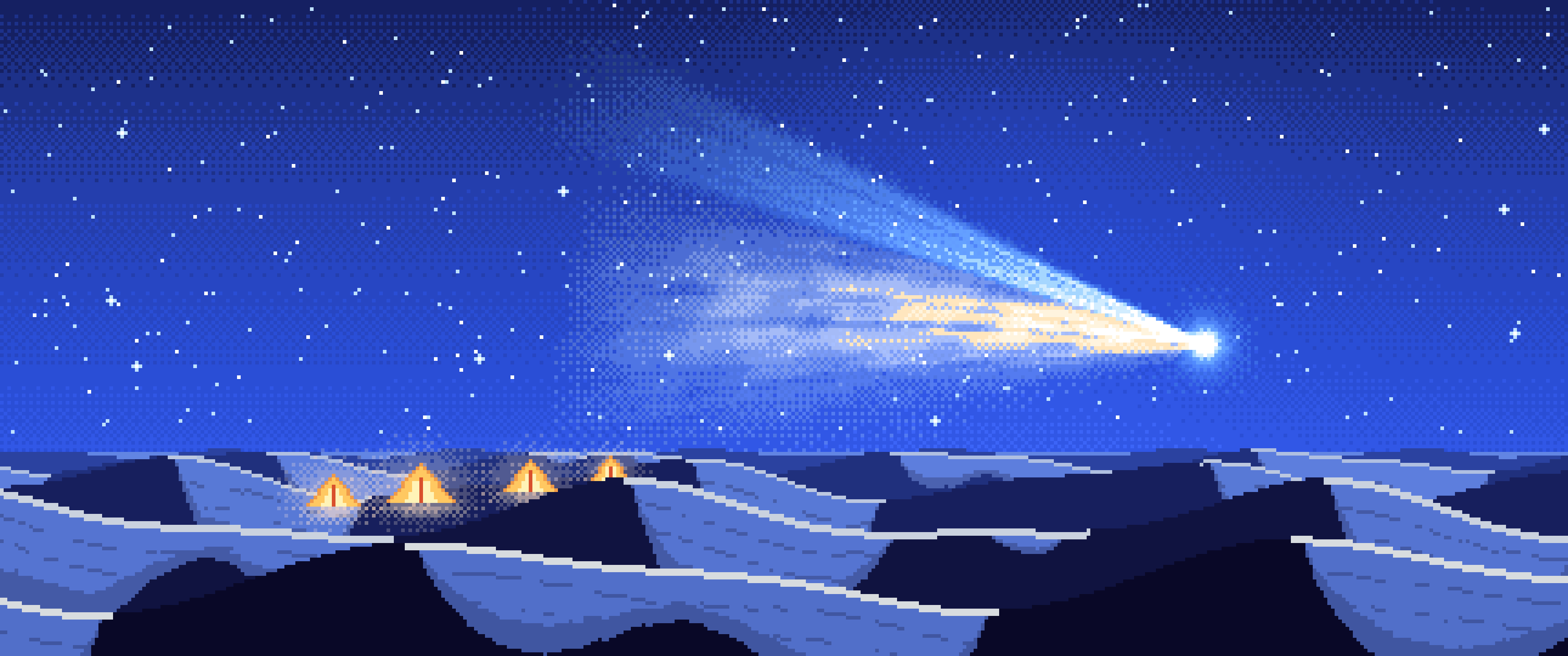 Royal Blue Pixel Art Comet Over the Desert ultrawide wallpaper, 3440 × 1440