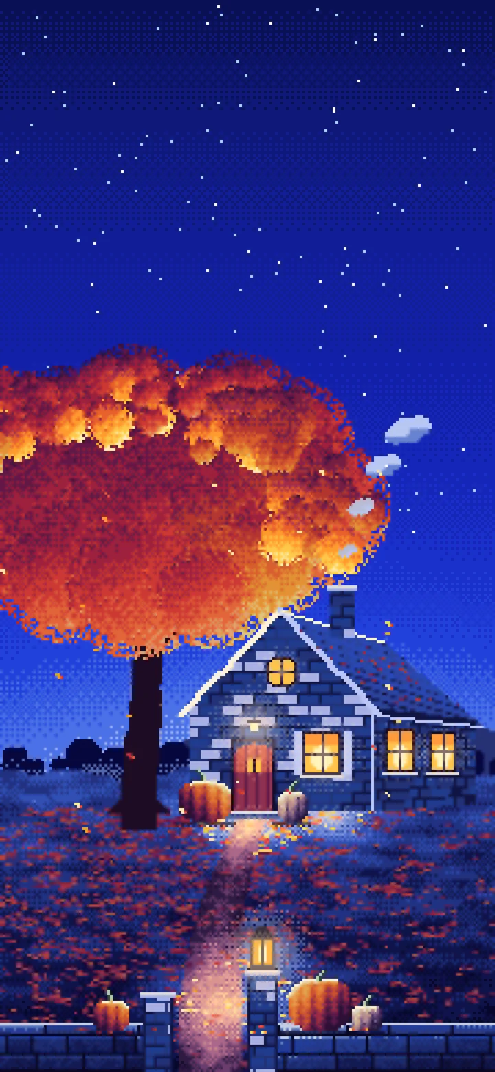 Royal Blue Pixel Art Cozy Fall Cottage at Night wallpaper for iPhone and Android