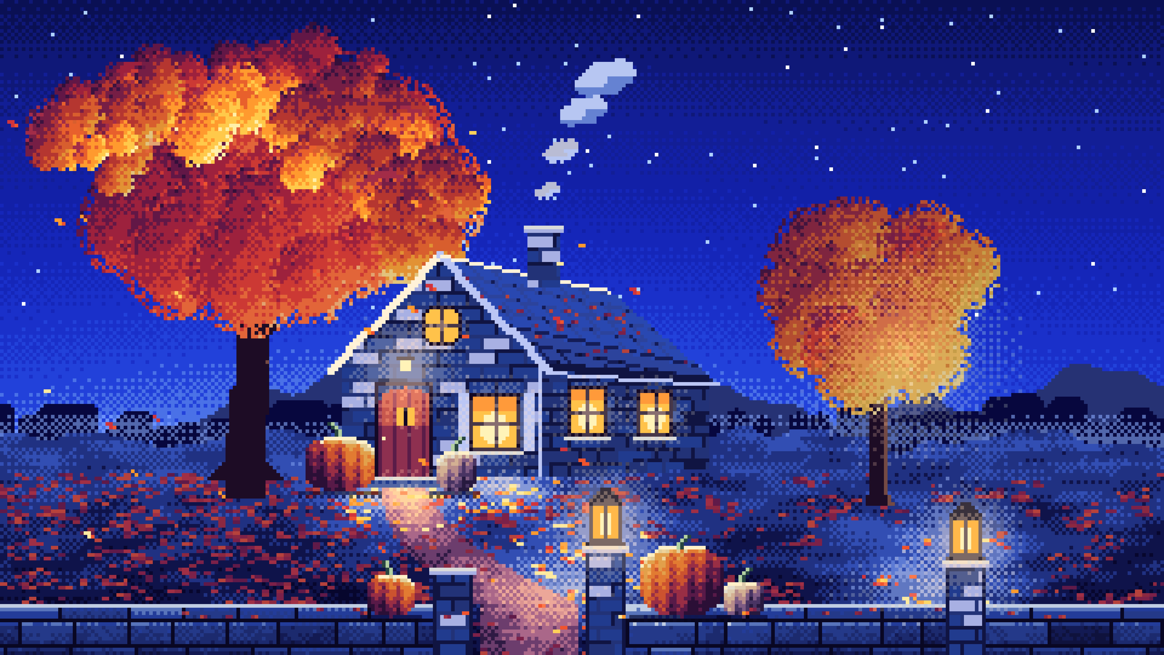 Royal Blue Pixel Art Cozy Fall Cottage at Night desktop wallpaper in 4K
