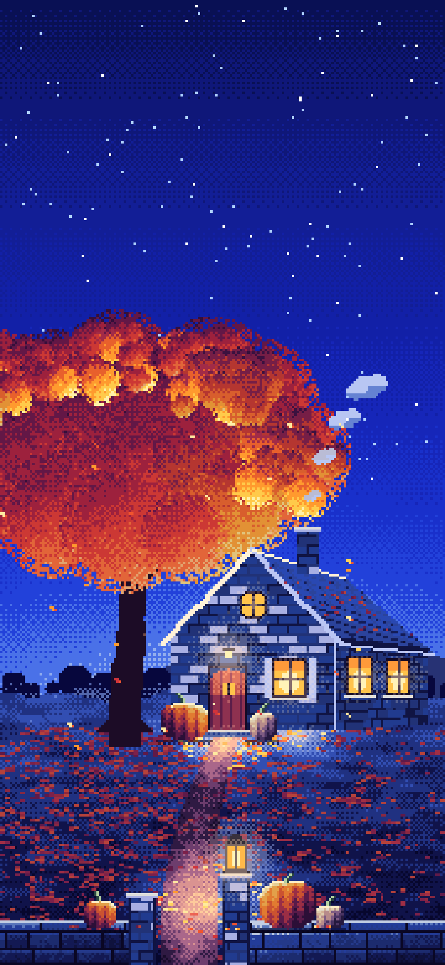 Royal Blue Pixel Art Cozy Fall Cottage at Night wallpaper for iPhone and Android