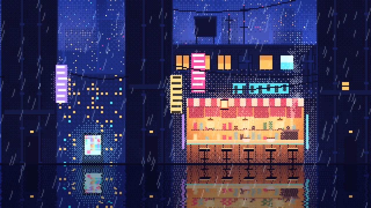 Royal Blue Pixel Art Cyberpunk Alley in the Rain desktop wallpaper in 4K