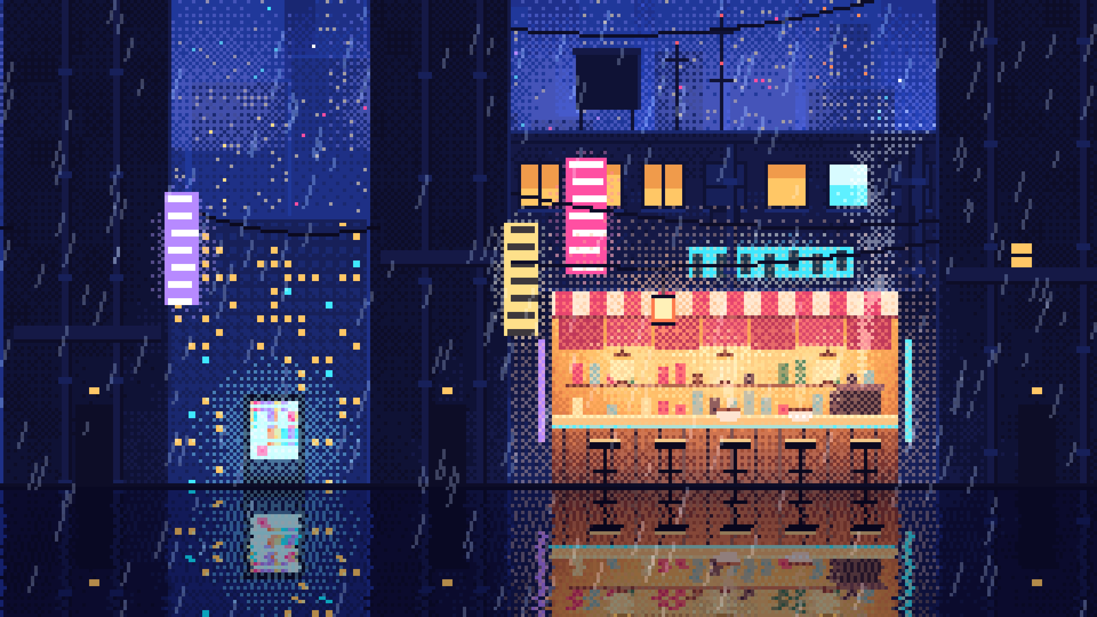 Royal Blue Pixel Art Cyberpunk Alley in the Rain desktop wallpaper in 4K